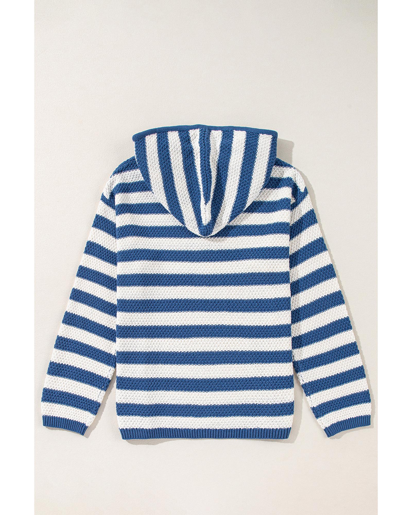 Blue Stripe V Neck Pocketed Drawstring Hooded Sweater - 2XL