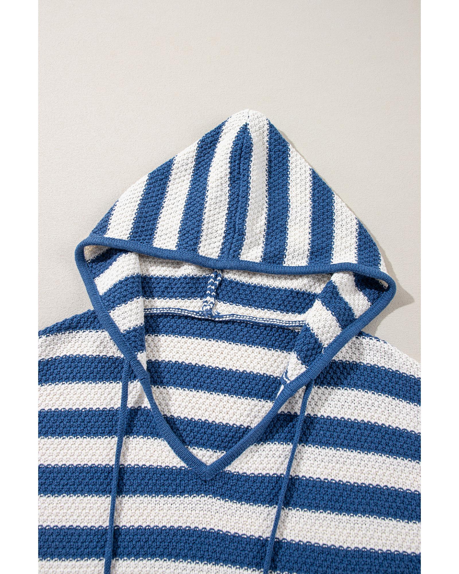 Blue Stripe V Neck Pocketed Drawstring Hooded Sweater - 2XL