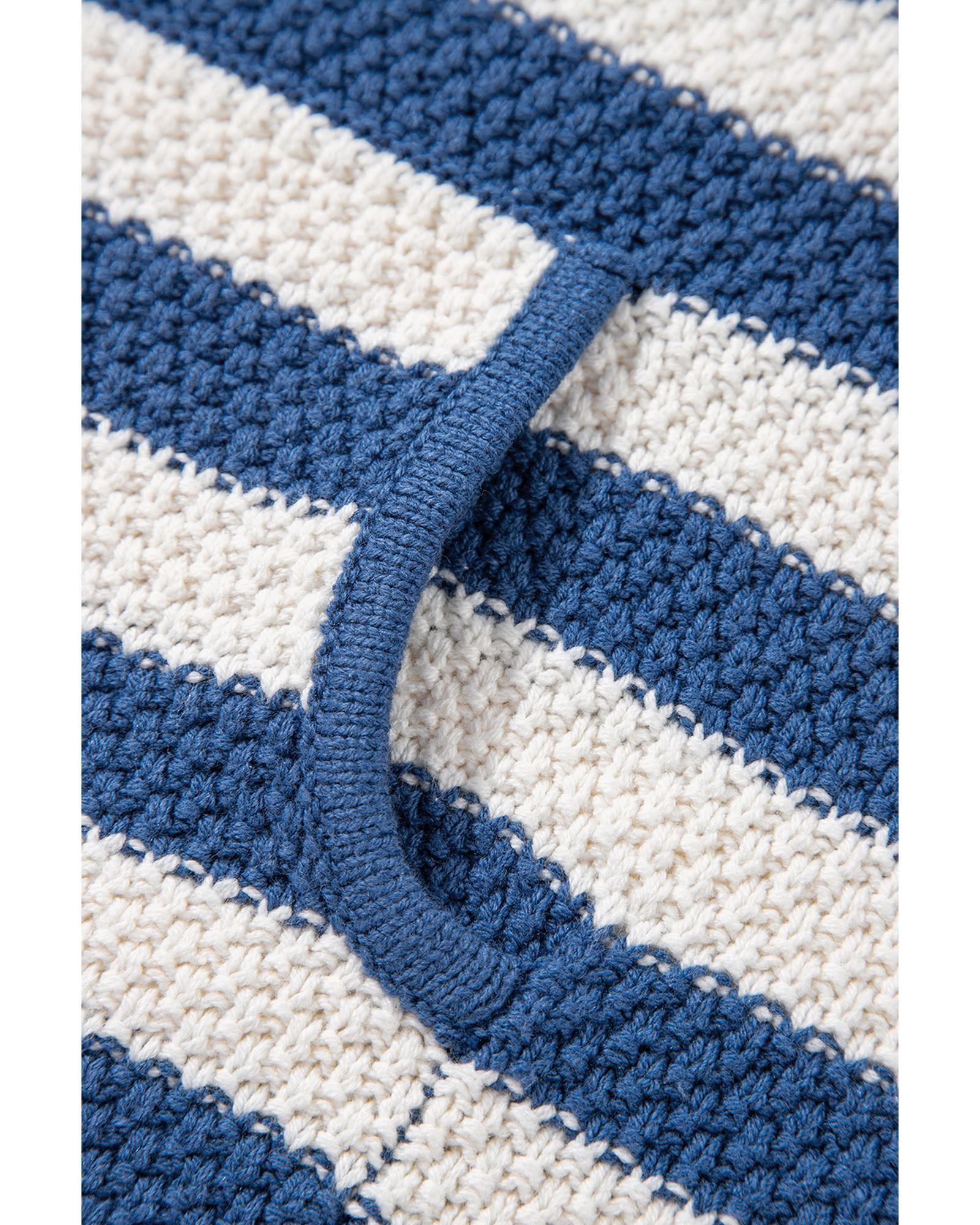 Blue Stripe V Neck Pocketed Drawstring Hooded Sweater - 2XL