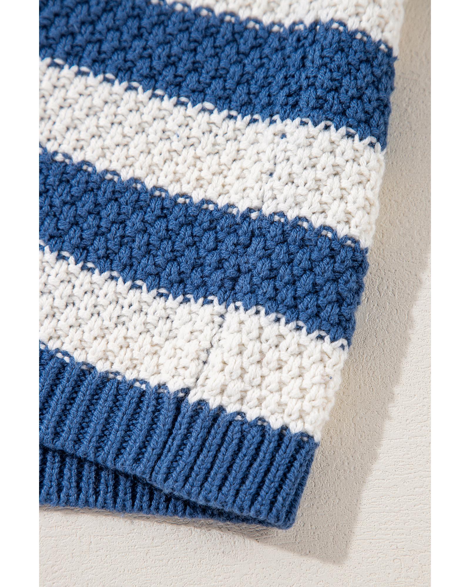 Blue Stripe V Neck Pocketed Drawstring Hooded Sweater - 2XL