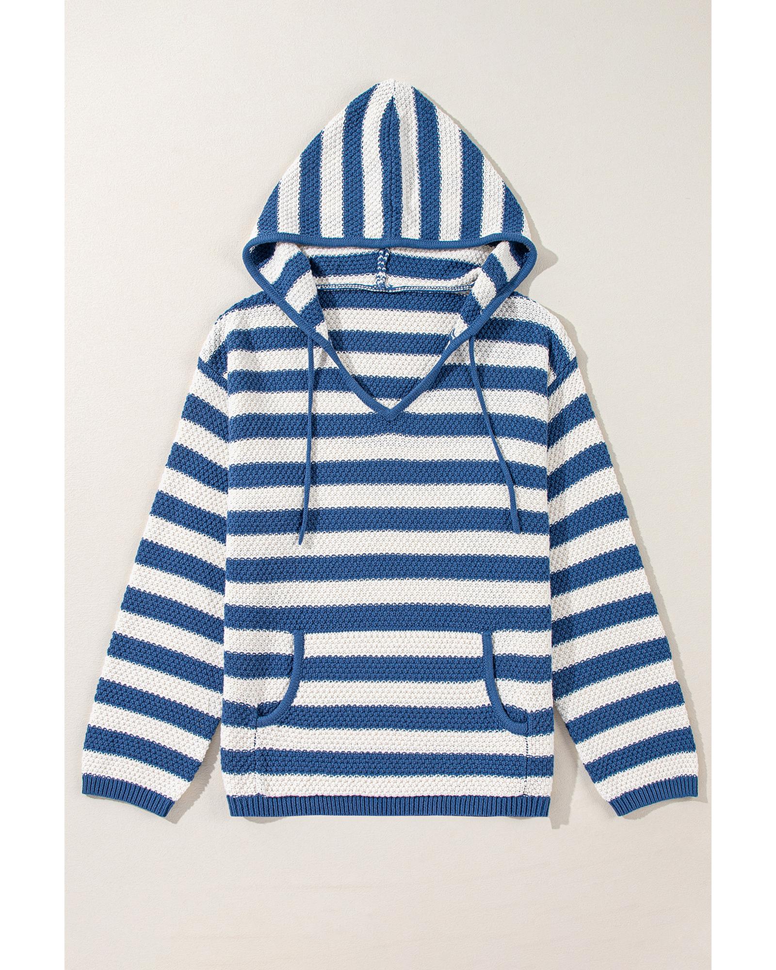 Blue Stripe V Neck Pocketed Drawstring Hooded Sweater - 2XL