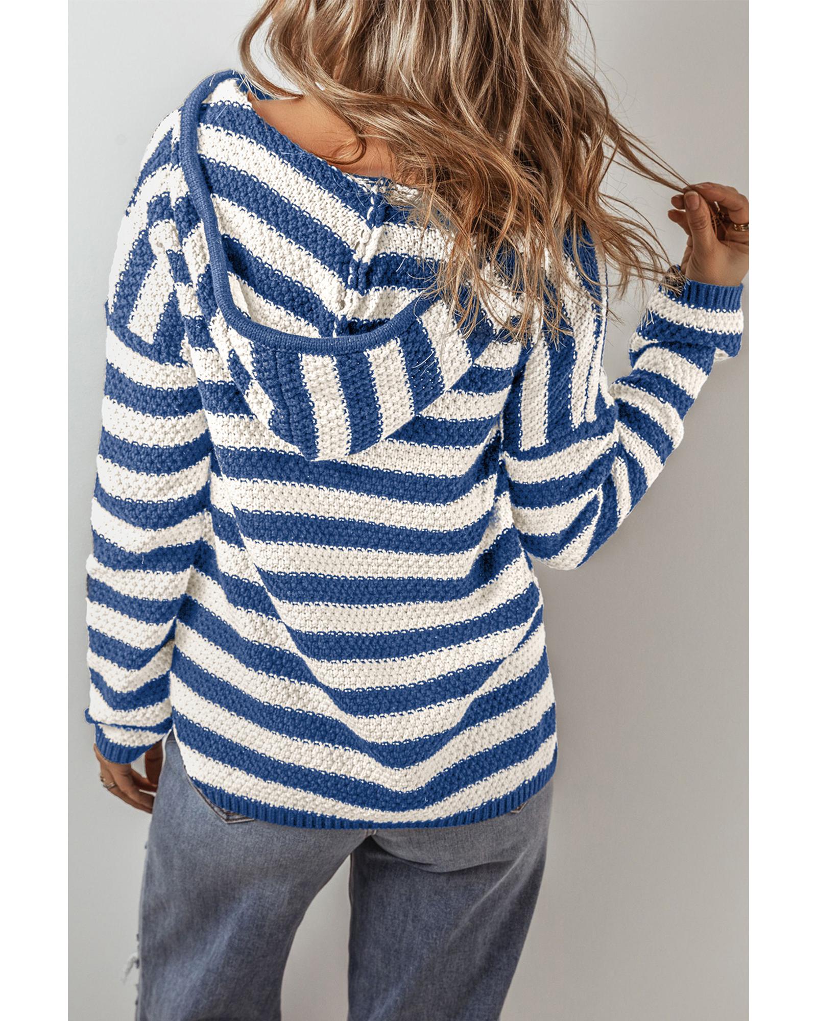 Blue Stripe V Neck Pocketed Drawstring Hooded Sweater - 2XL