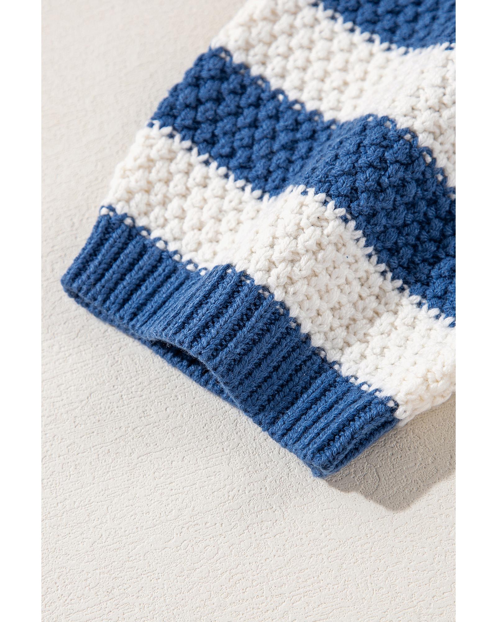 Blue Stripe V Neck Pocketed Drawstring Hooded Sweater - 2XL