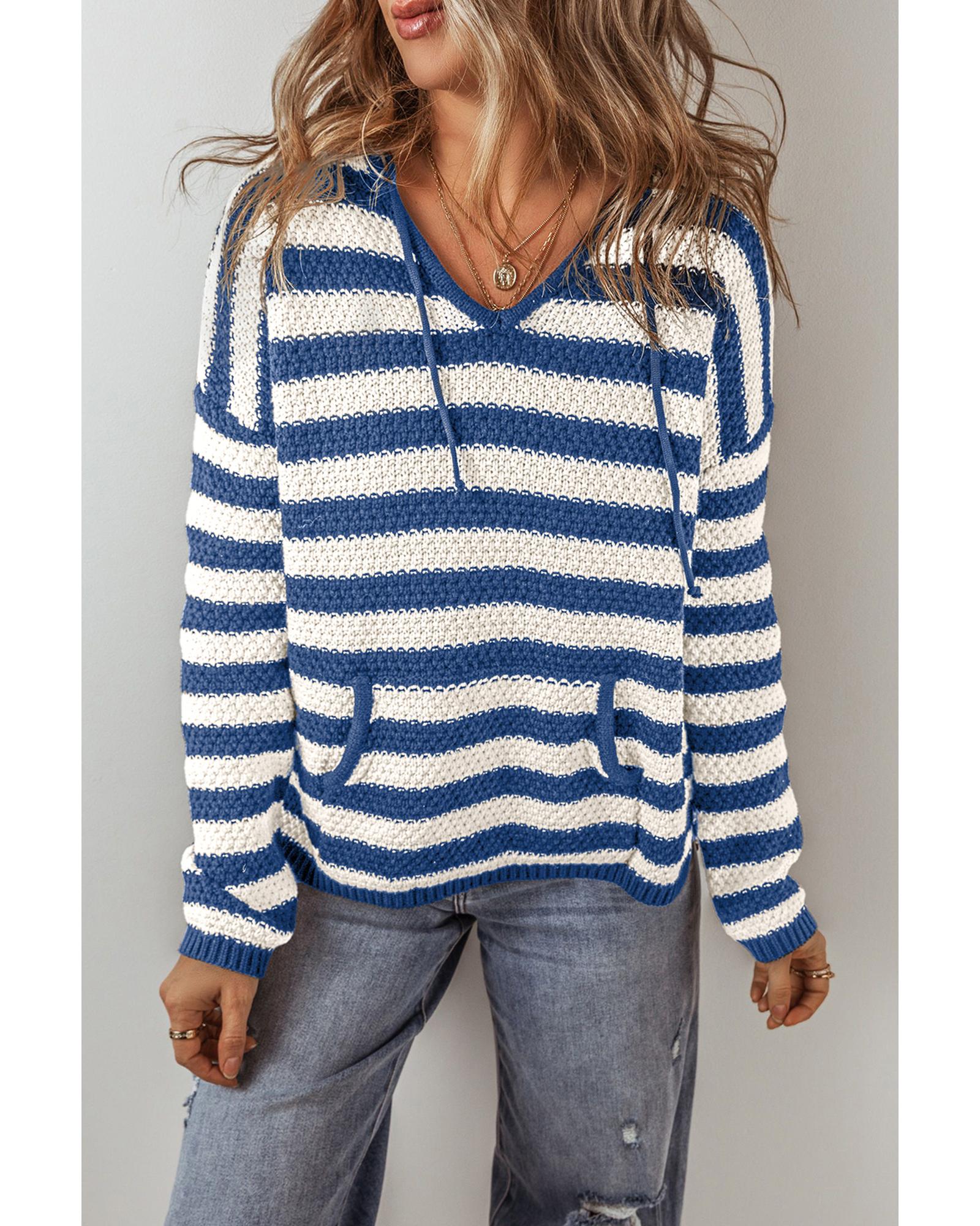 Blue Stripe V Neck Pocketed Drawstring Hooded Sweater - 2XL