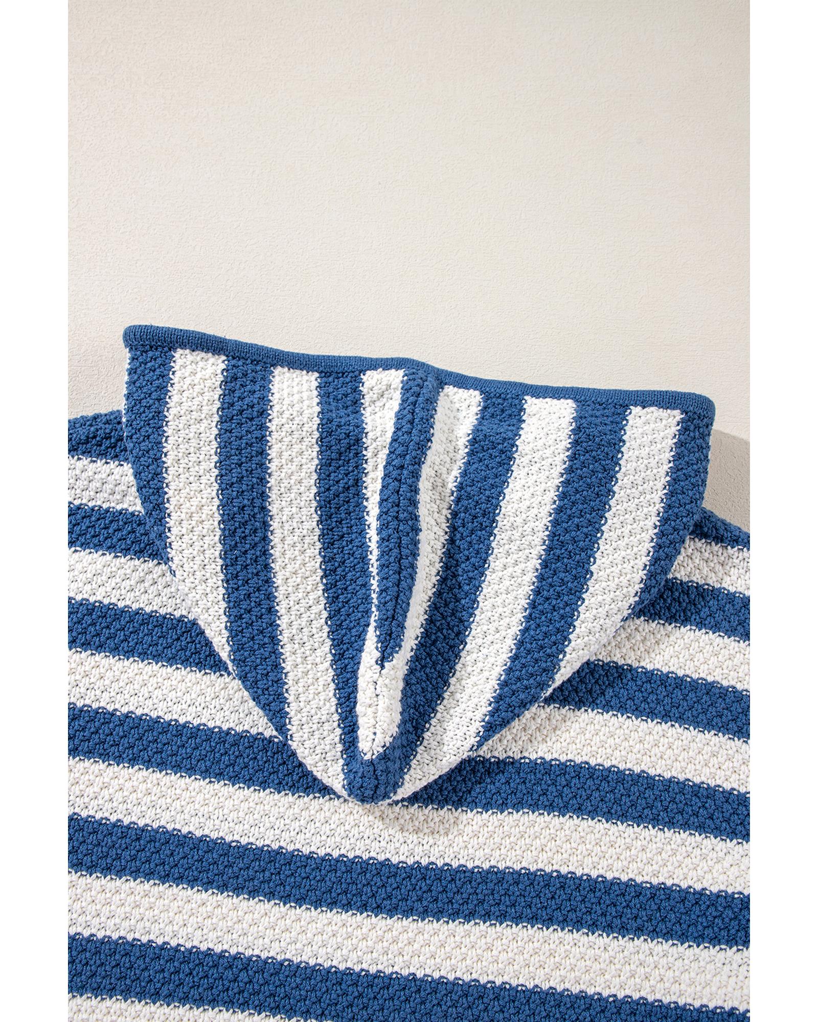Blue Stripe V Neck Pocketed Drawstring Hooded Sweater - 2XL