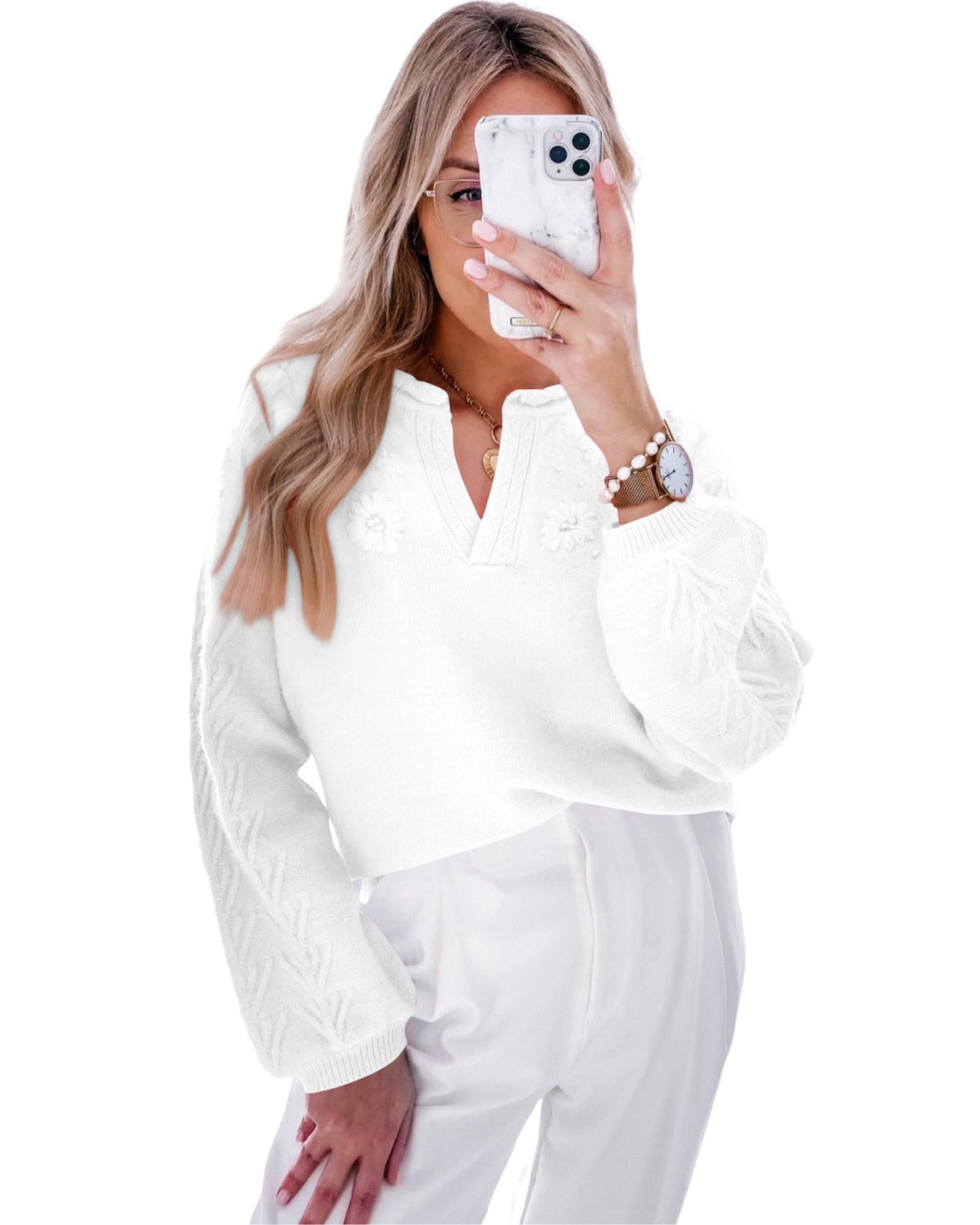 White Flower Detail Knitted Notched Neck Sweater - S