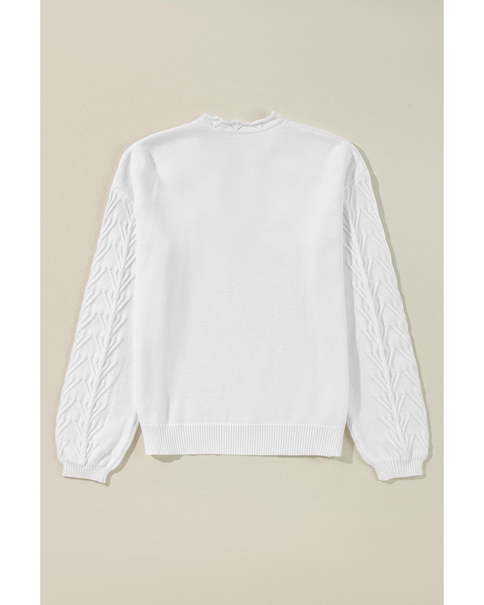 White Flower Detail Knitted Notched Neck Sweater - S