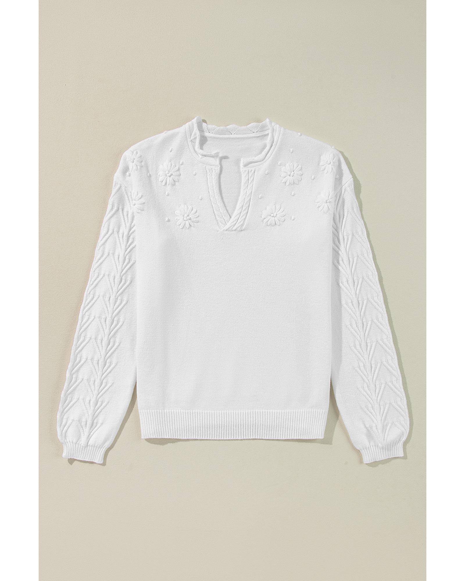 White Flower Detail Knitted Notched Neck Sweater - S