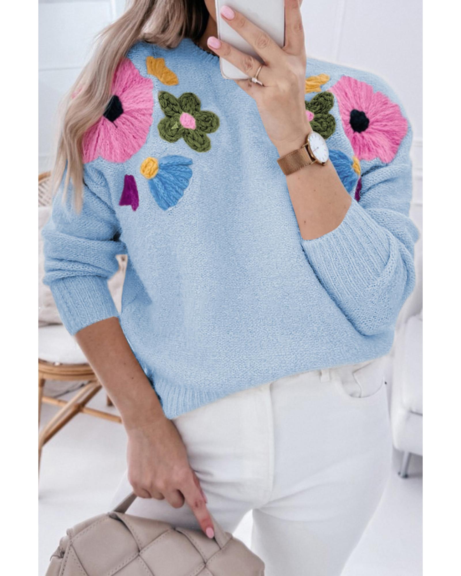 Light Blue Knitted Flower Pattern Ribbed Edge Sweater - 2XL