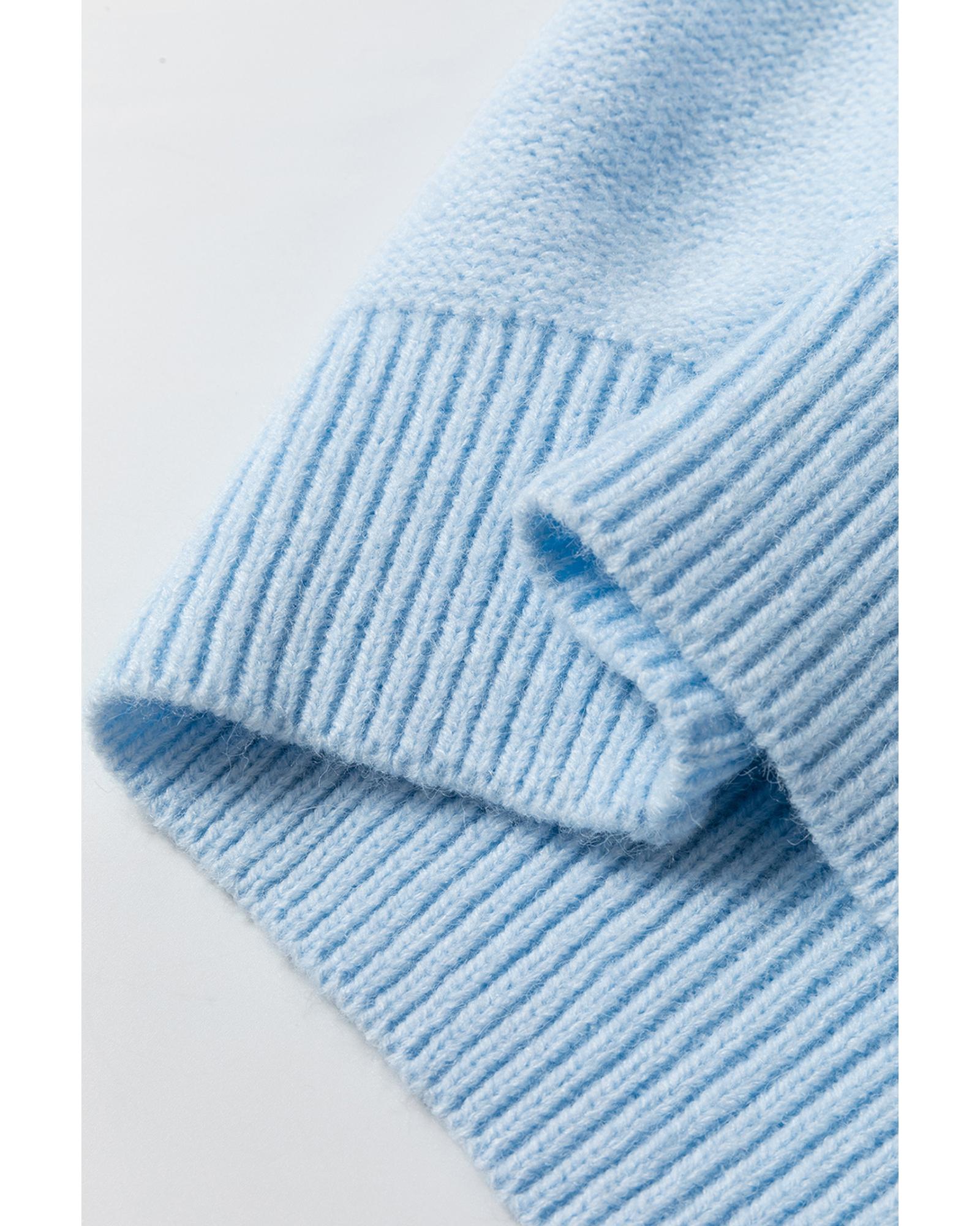 Light Blue Knitted Flower Pattern Ribbed Edge Sweater - L