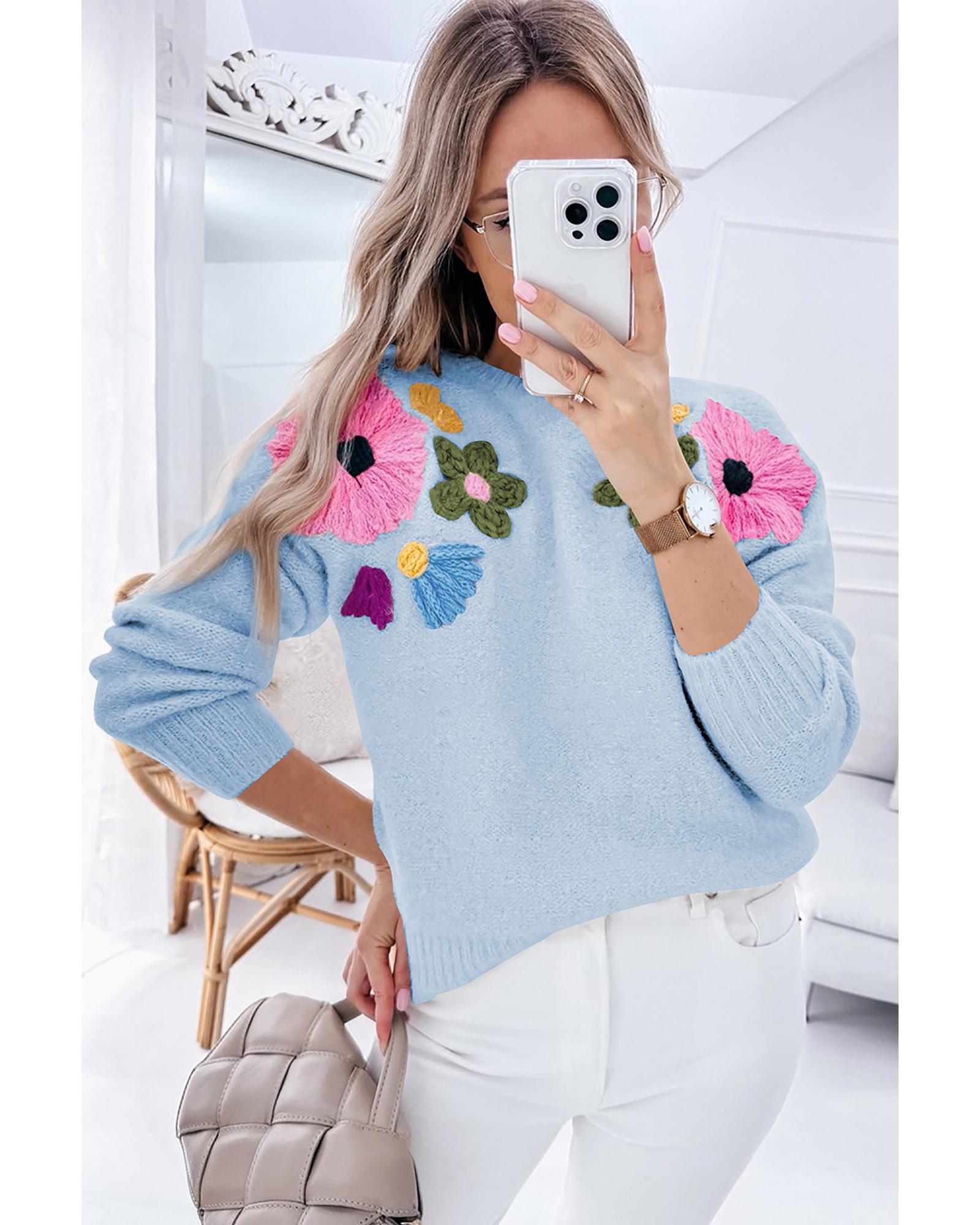 Light Blue Knitted Flower Pattern Ribbed Edge Sweater - L