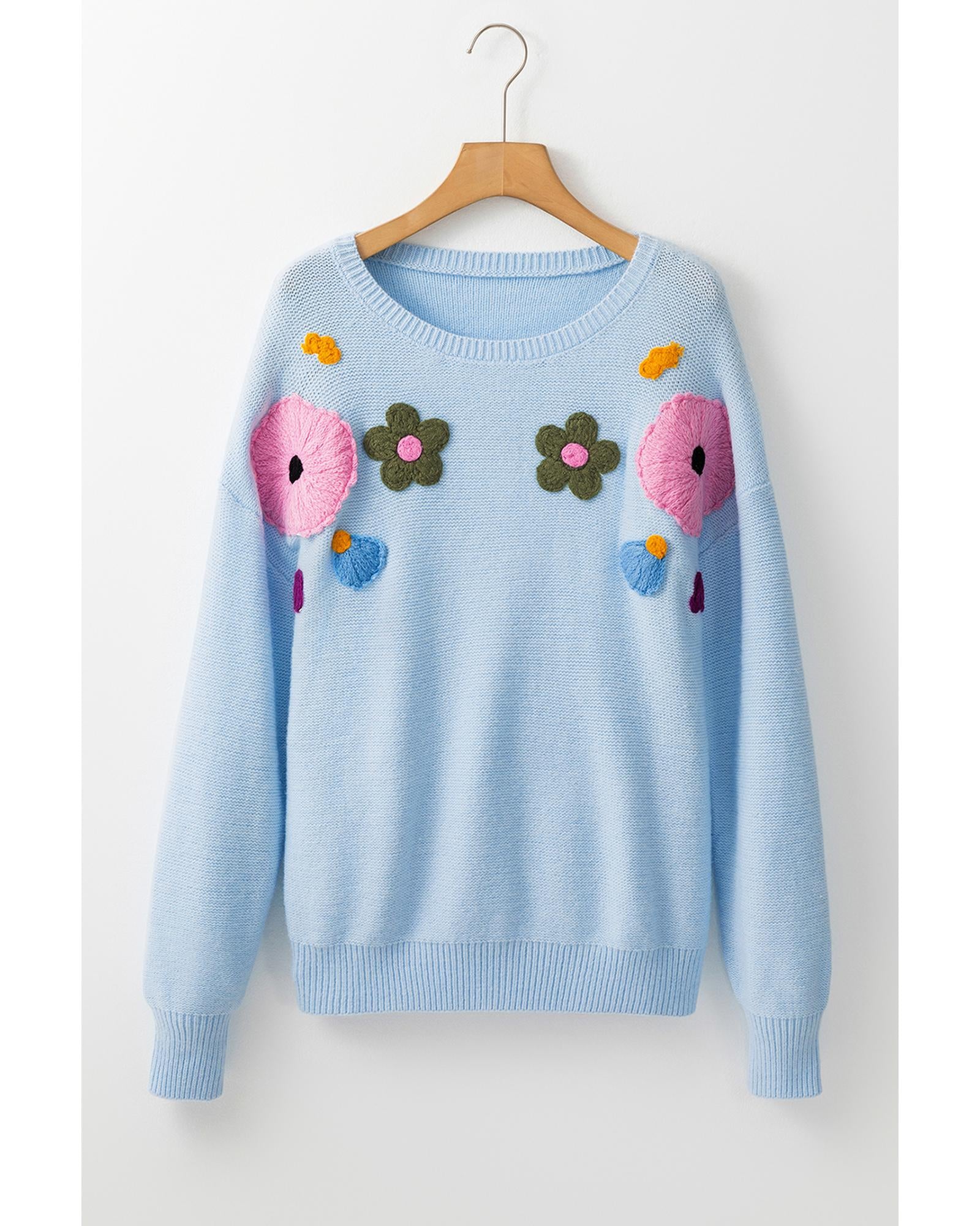 Light Blue Knitted Flower Pattern Ribbed Edge Sweater - XL
