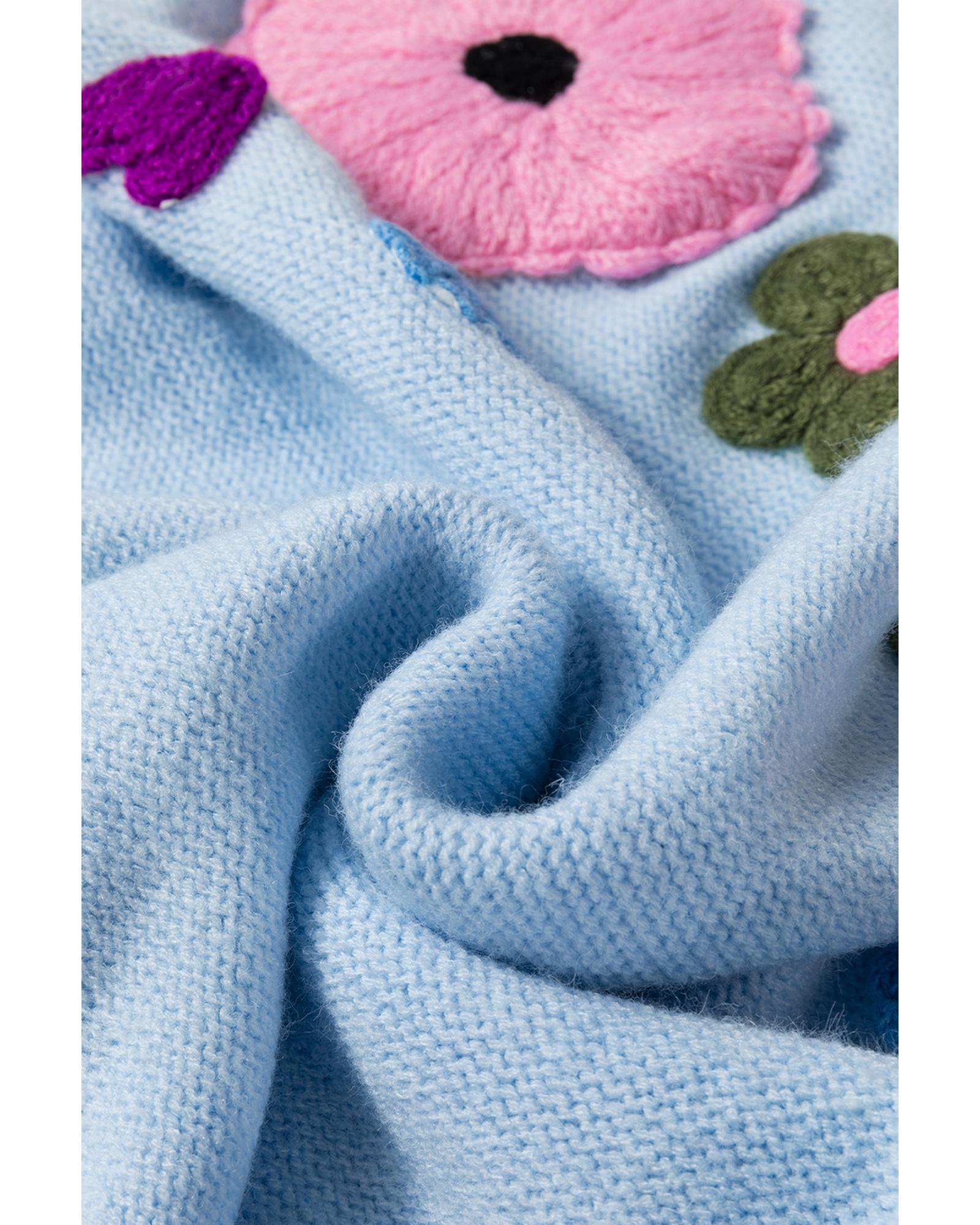 Light Blue Knitted Flower Pattern Ribbed Edge Sweater - XL
