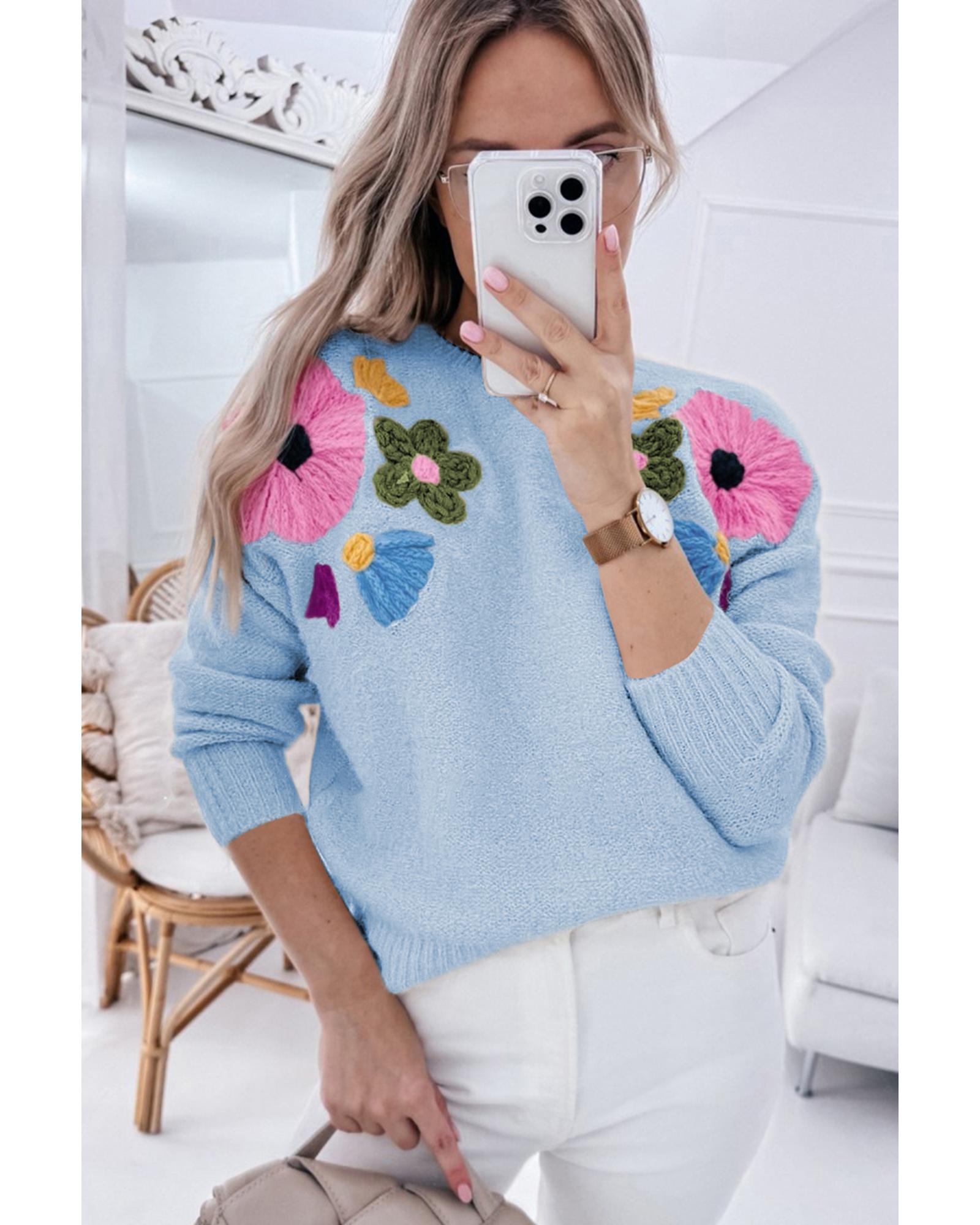Light Blue Knitted Flower Pattern Ribbed Edge Sweater - XL