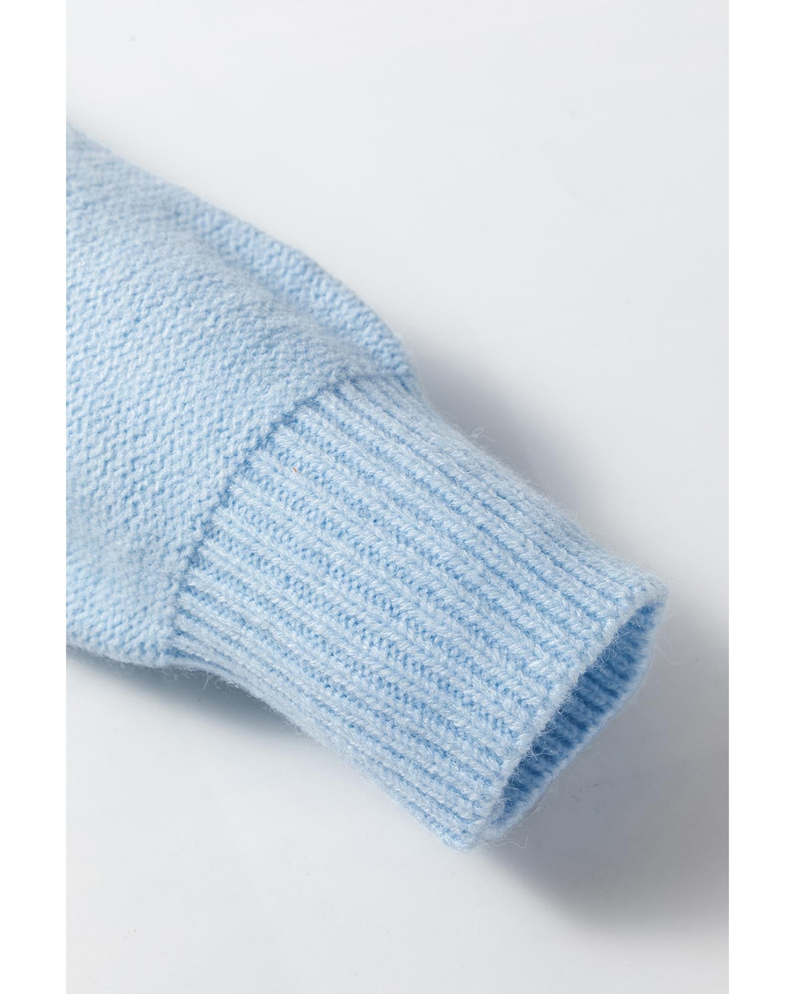 Light Blue Knitted Flower Pattern Ribbed Edge Sweater - XL
