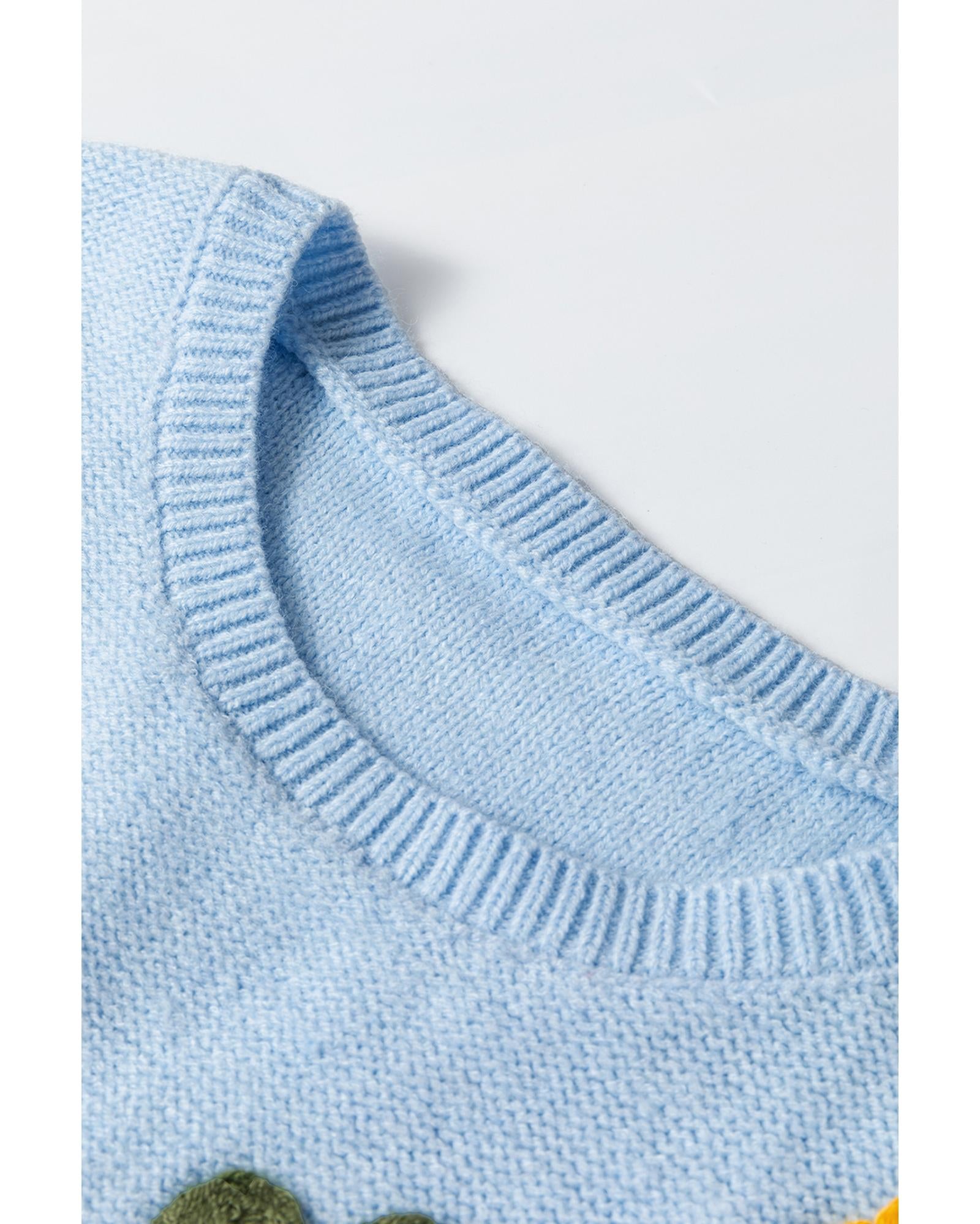 Light Blue Knitted Flower Pattern Ribbed Edge Sweater - XL