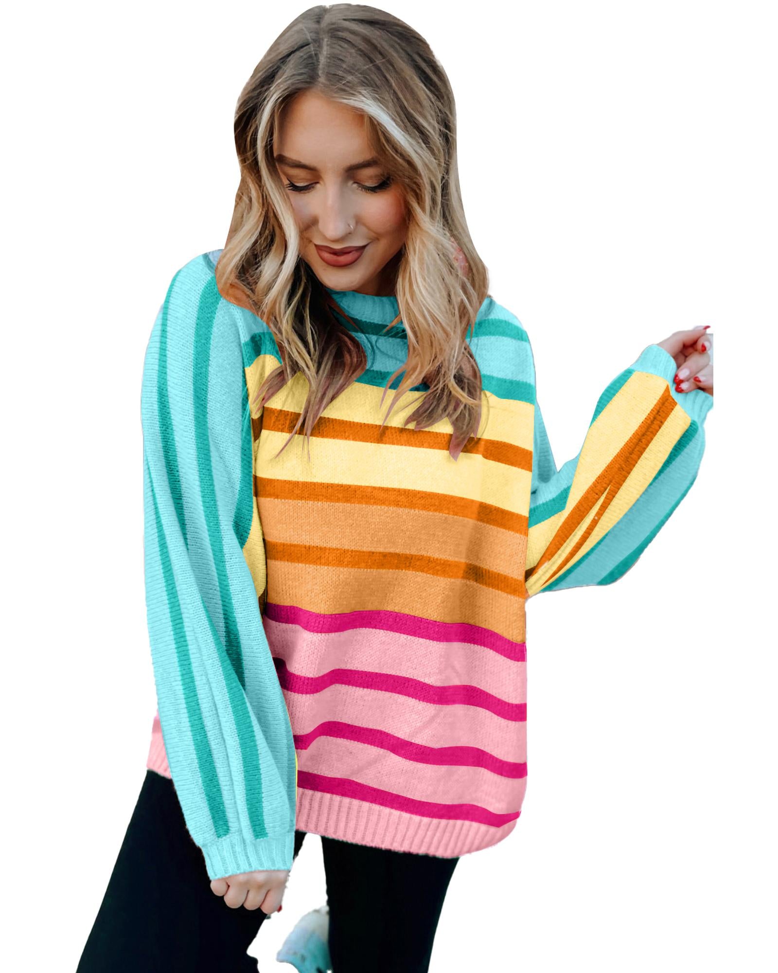 Yellow Stripe Gradient Striped Ribbed Edge Loose Sweater - L
