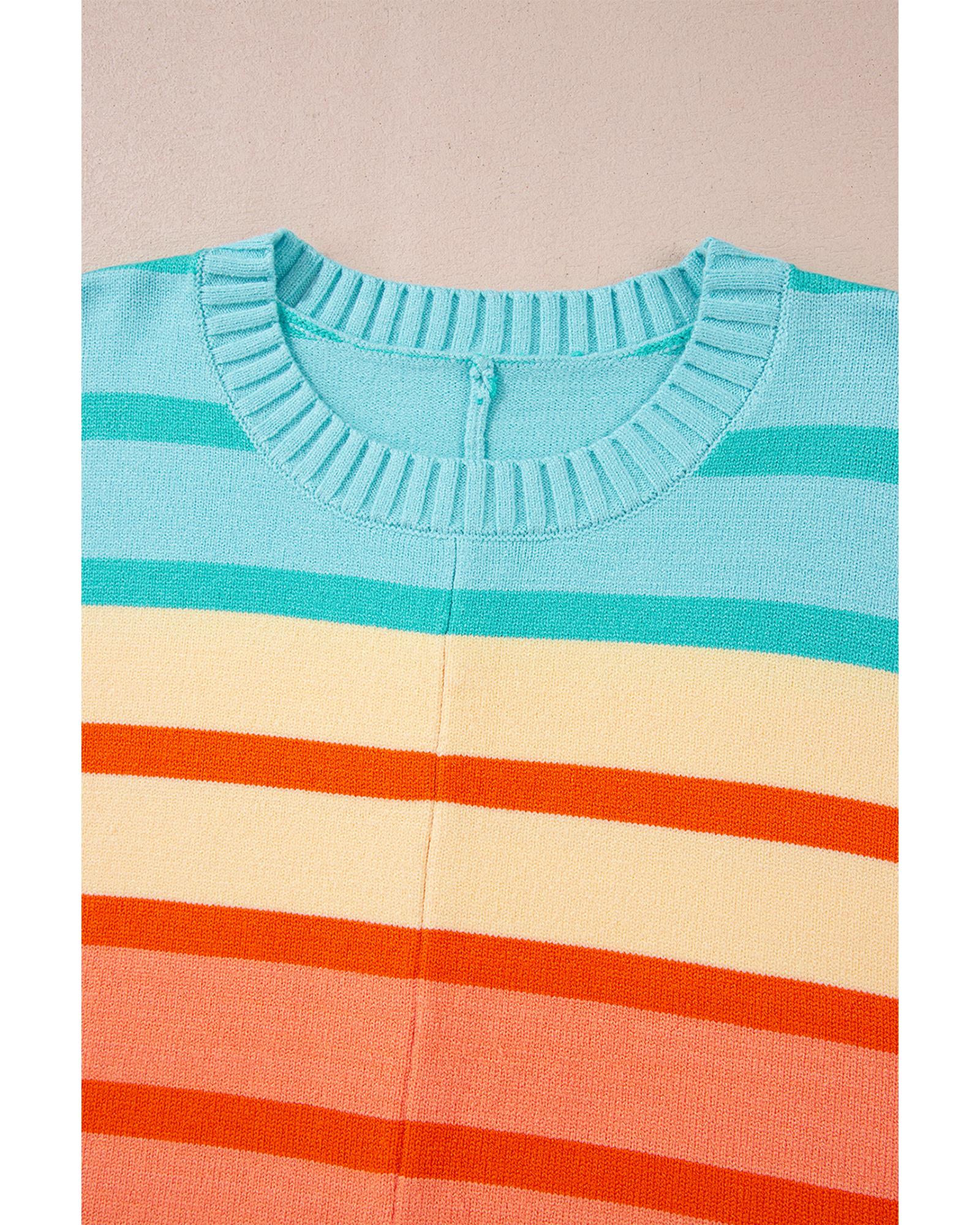 Yellow Stripe Gradient Striped Ribbed Edge Loose Sweater - L