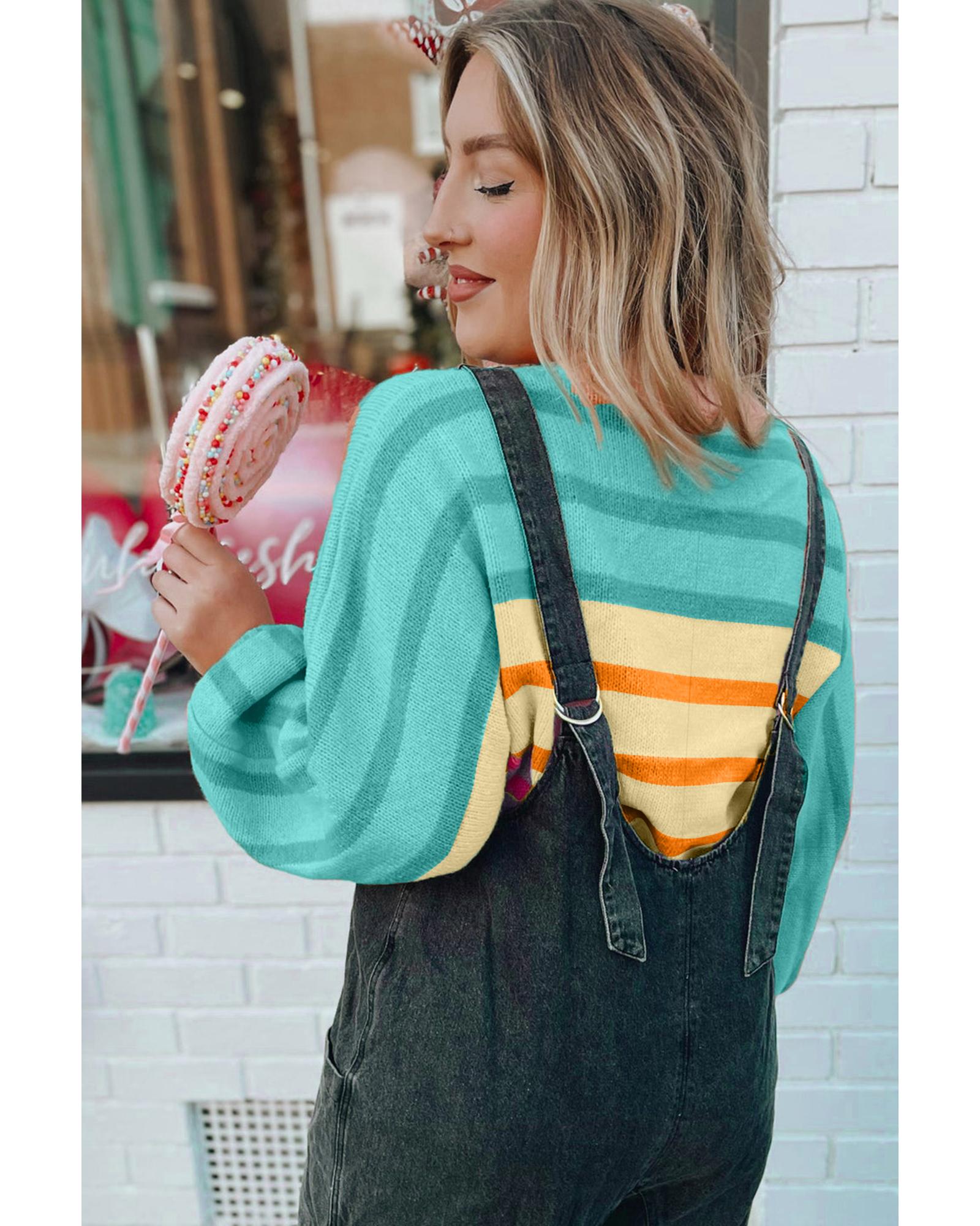 Yellow Stripe Gradient Striped Ribbed Edge Loose Sweater - L