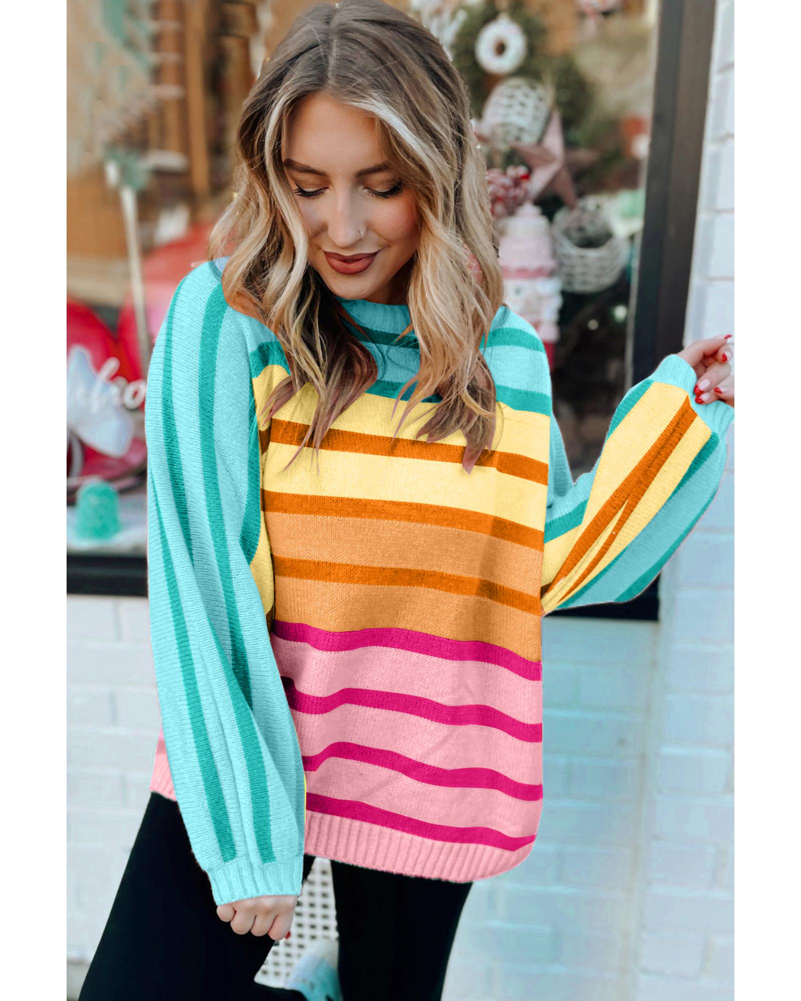 Yellow Stripe Gradient Striped Ribbed Edge Loose Sweater - L