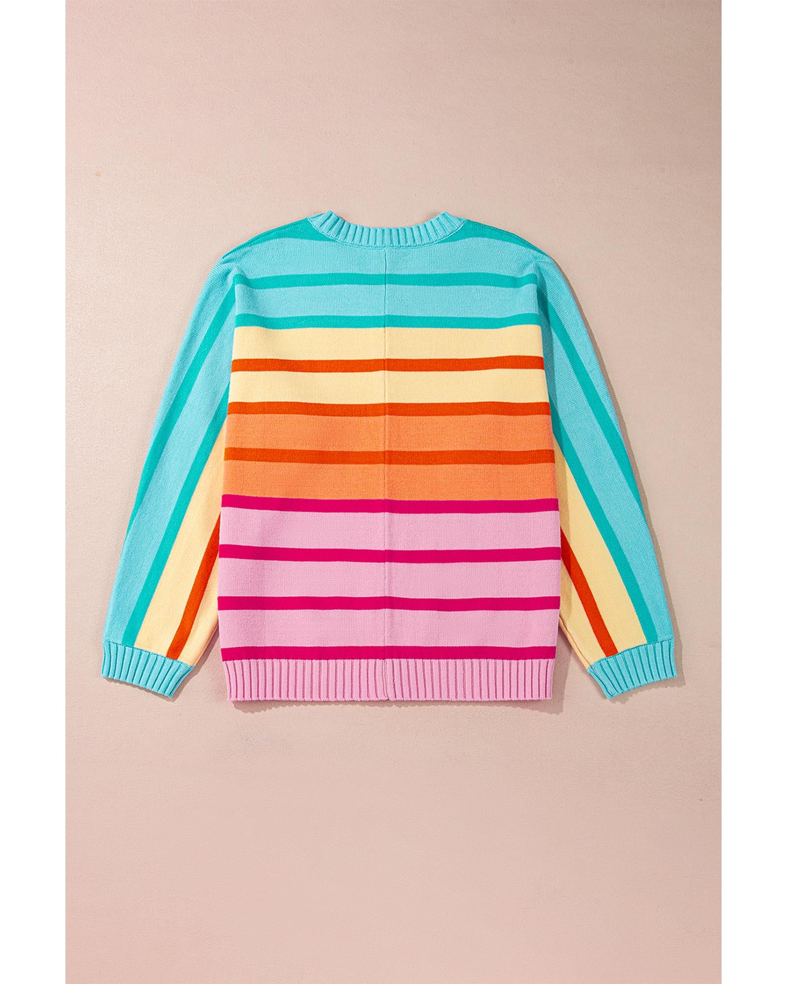Yellow Stripe Gradient Striped Ribbed Edge Loose Sweater - L