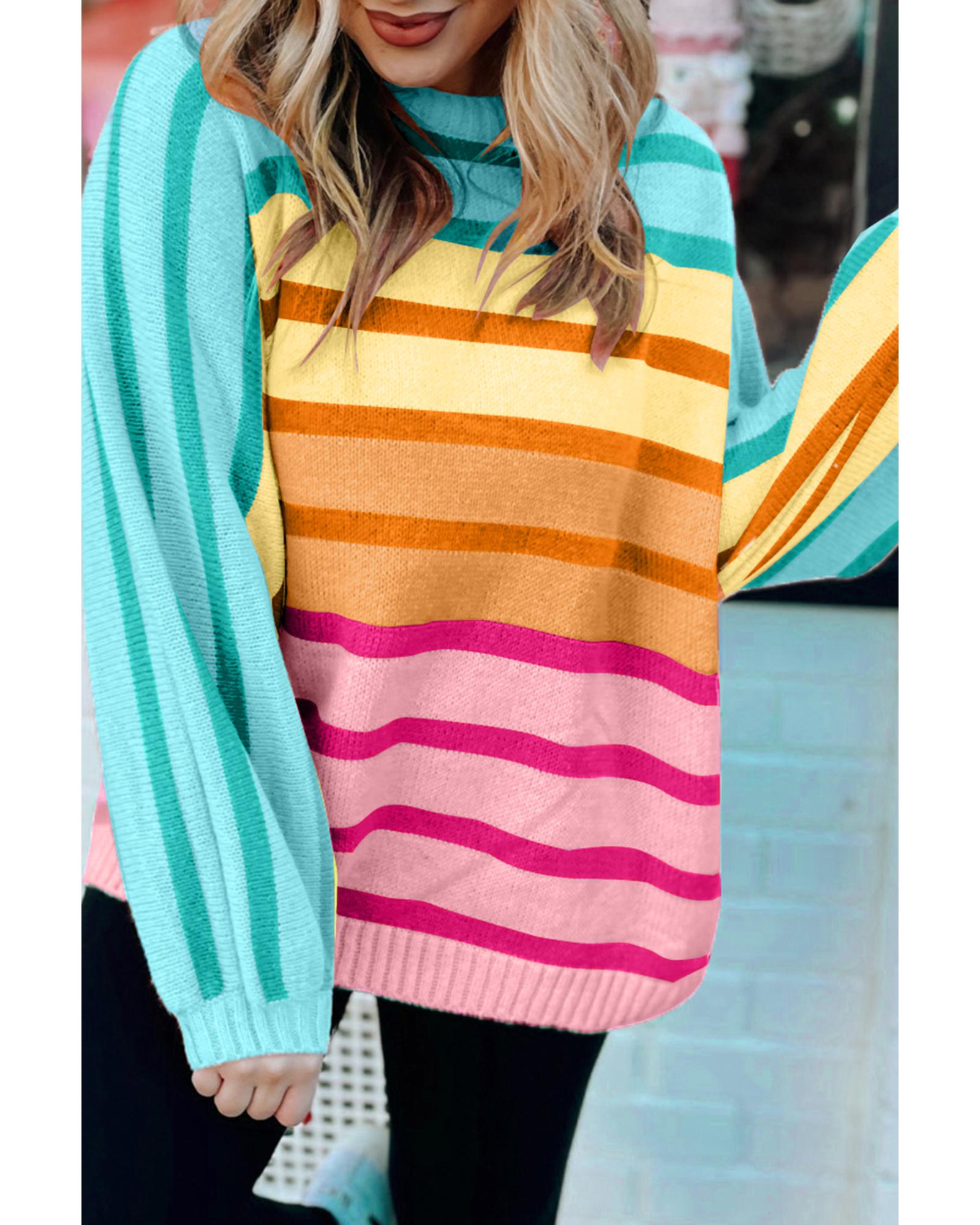 Yellow Stripe Gradient Striped Ribbed Edge Loose Sweater - M