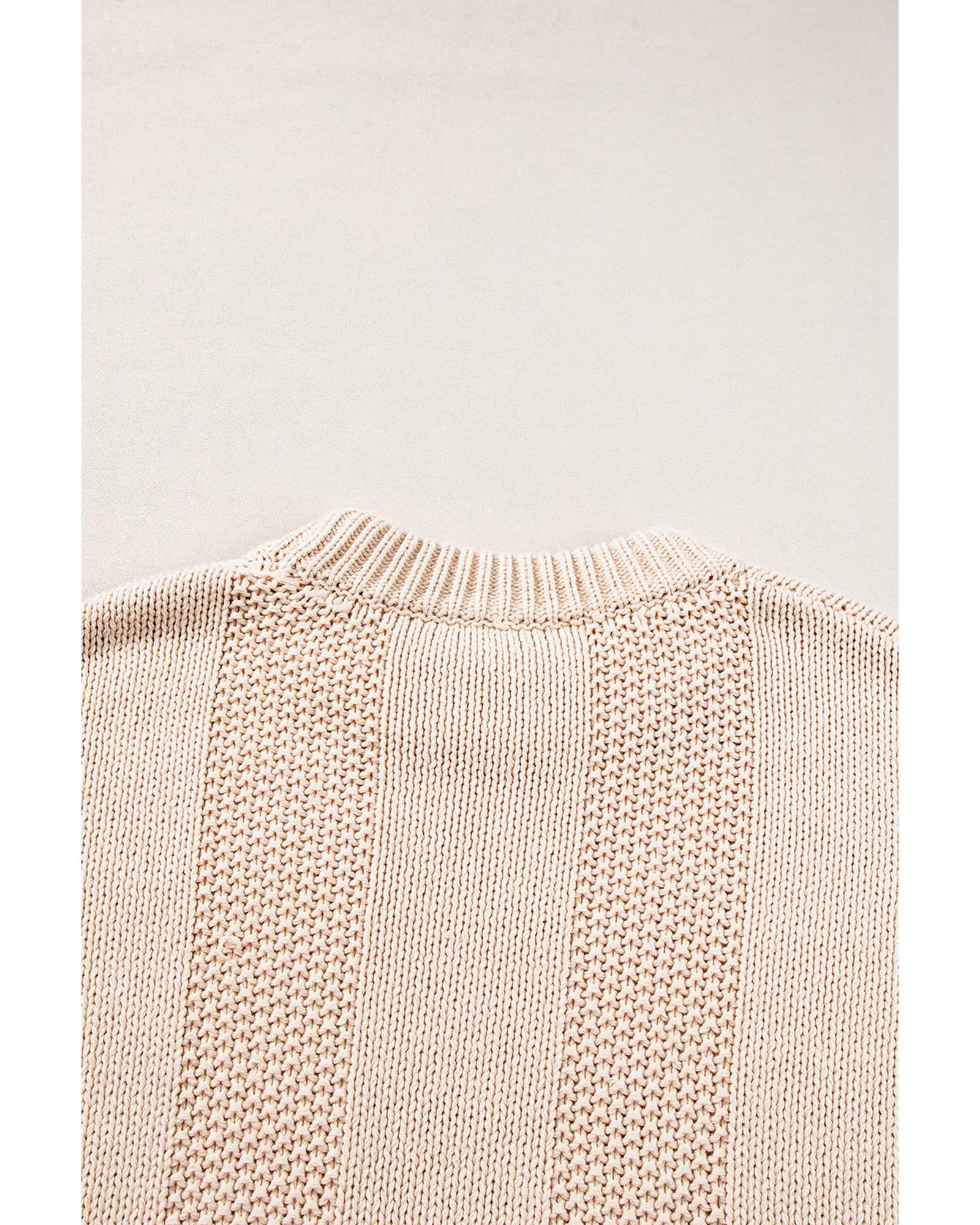 Pale Khaki Solid Color Cable Knit Ribbed Loose Sweater - XL