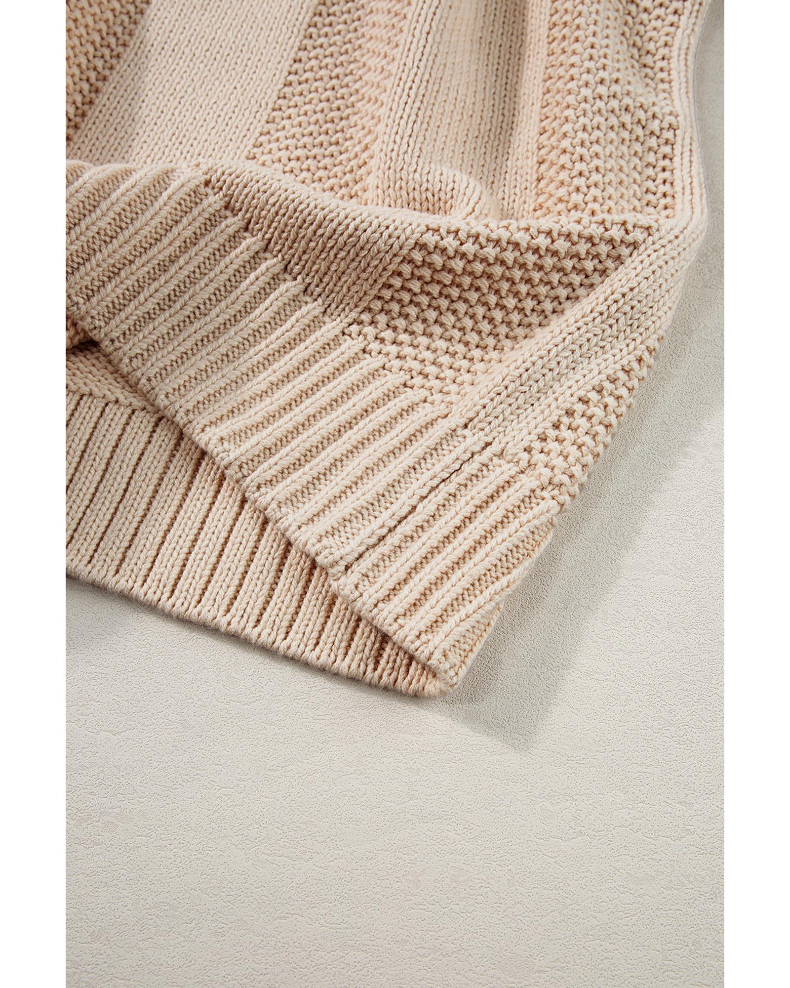 Pale Khaki Solid Color Cable Knit Ribbed Loose Sweater - XL
