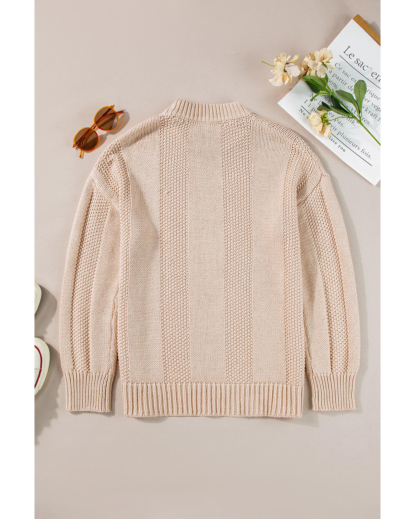 Pale Khaki Solid Color Cable Knit Ribbed Loose Sweater - XL