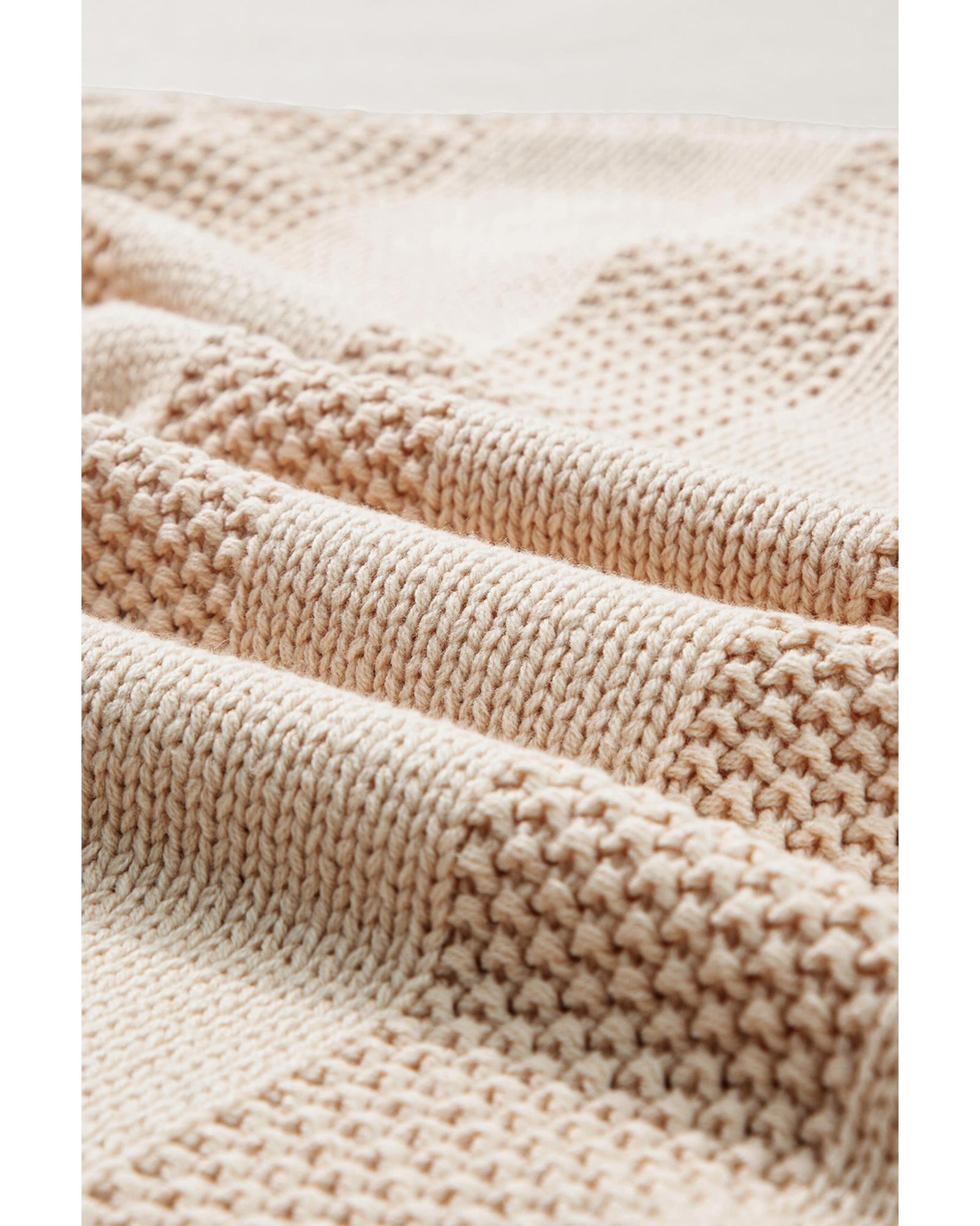 Pale Khaki Solid Color Cable Knit Ribbed Loose Sweater - XL