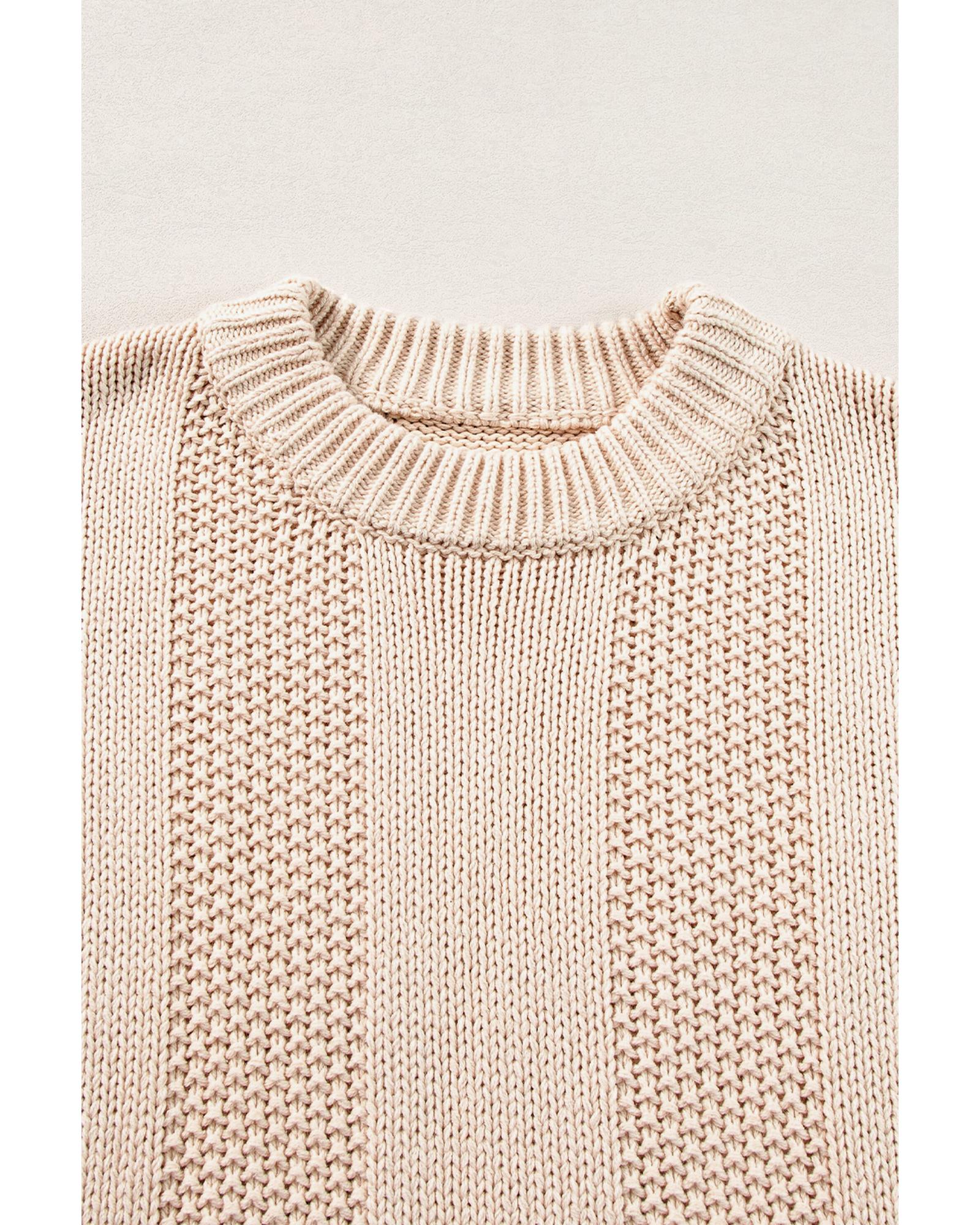 Pale Khaki Solid Color Cable Knit Ribbed Loose Sweater - XL