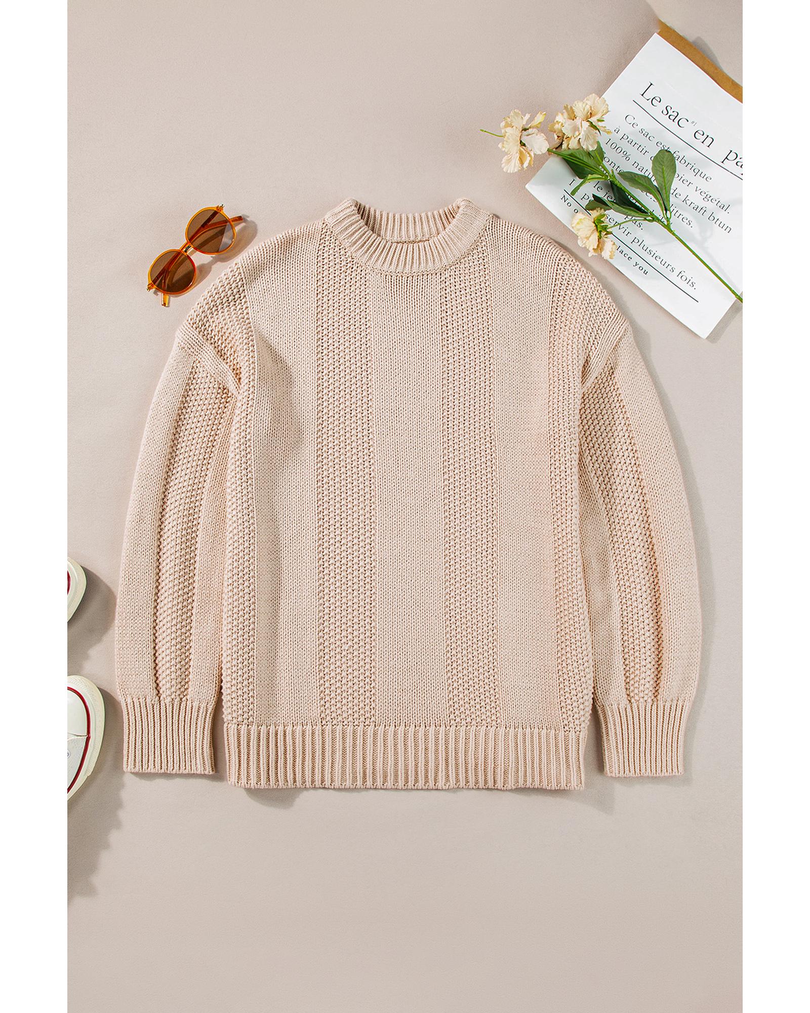 Pale Khaki Solid Color Cable Knit Ribbed Loose Sweater - XL