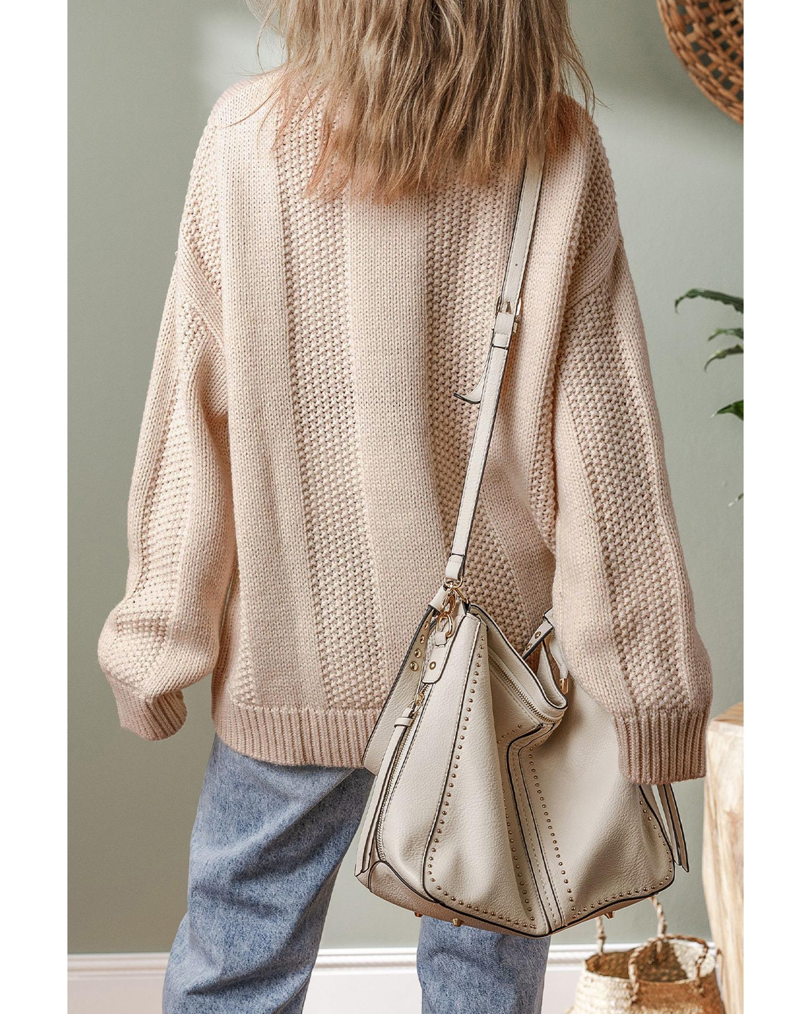 Pale Khaki Solid Color Cable Knit Ribbed Loose Sweater - XL