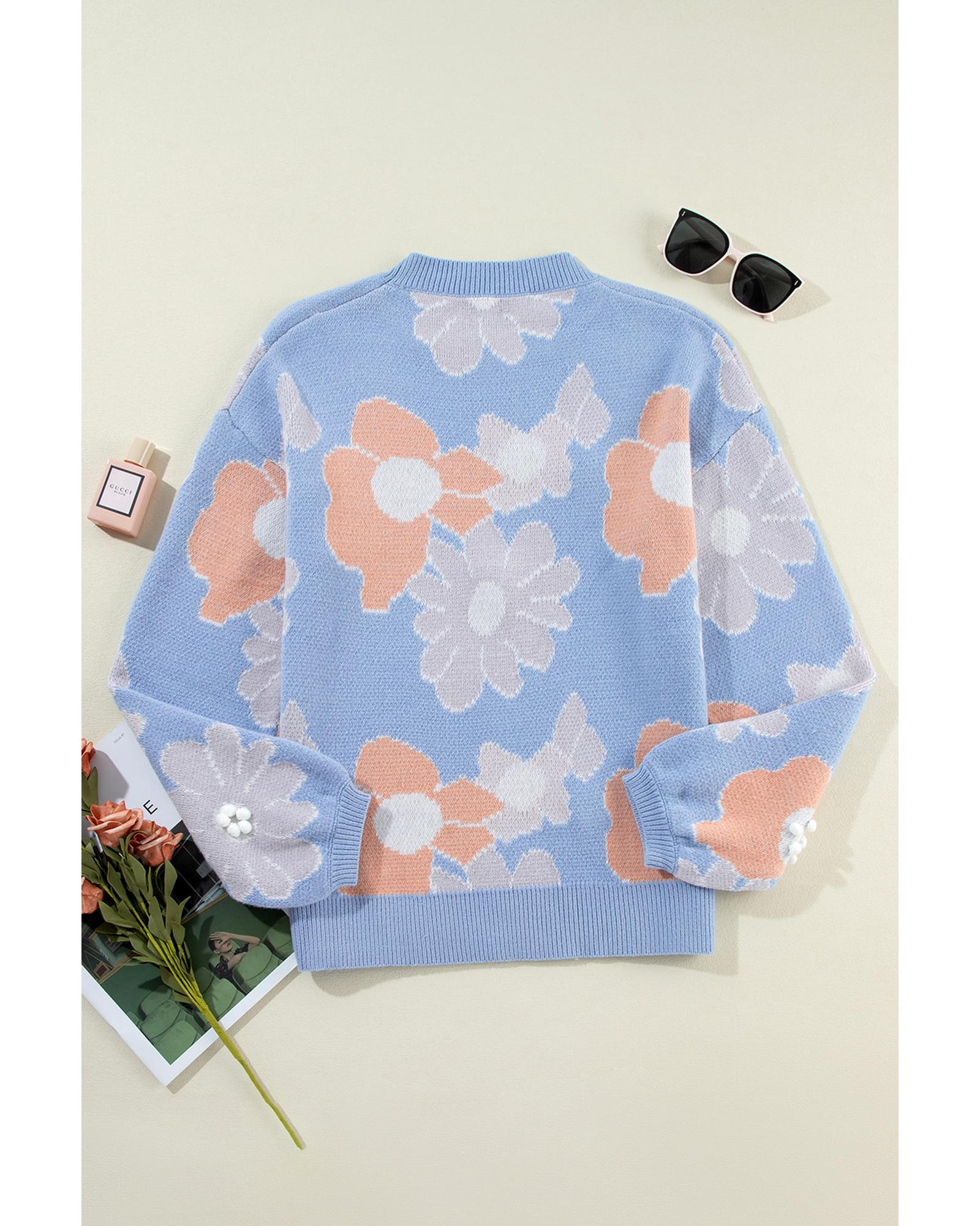 Beau Blue Floral O Neck Drop Shoulder Knitted Sweater - L