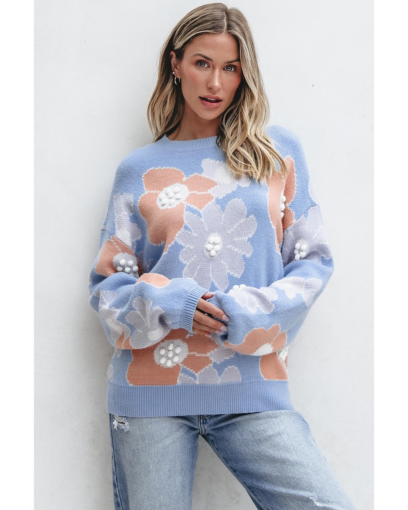 Beau Blue Floral O Neck Drop Shoulder Knitted Sweater - L