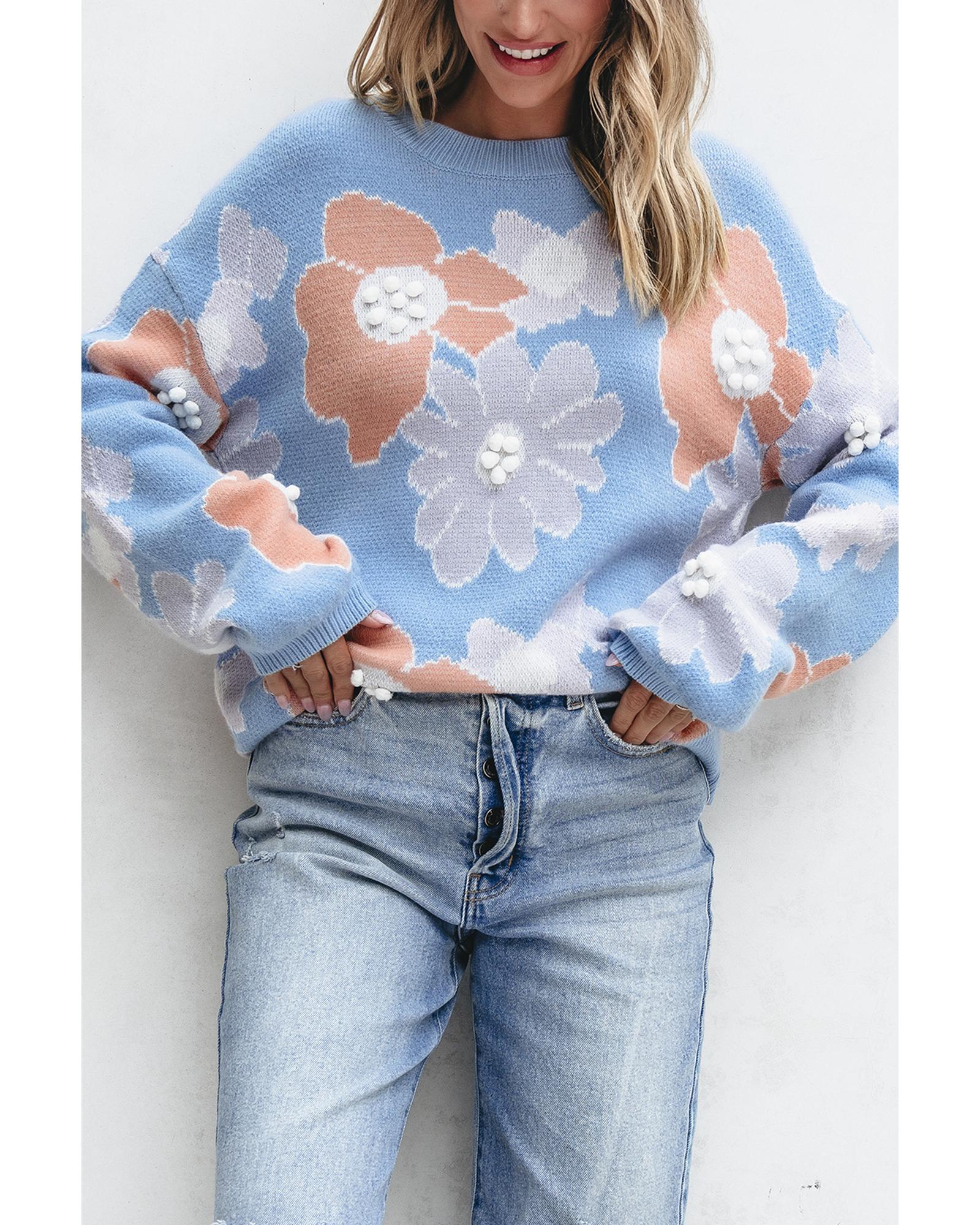 Beau Blue Floral O Neck Drop Shoulder Knitted Sweater - L
