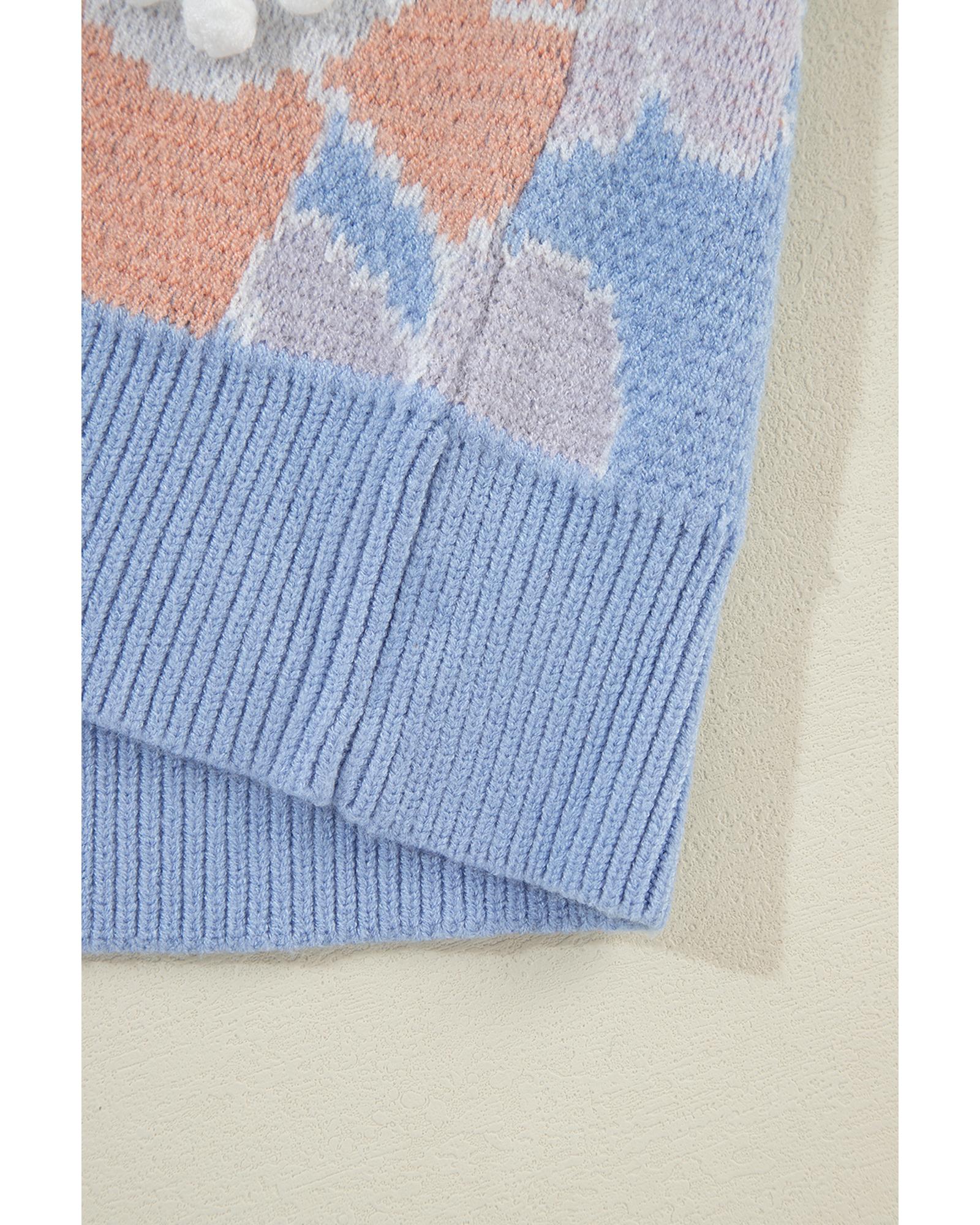 Beau Blue Floral O Neck Drop Shoulder Knitted Sweater - L