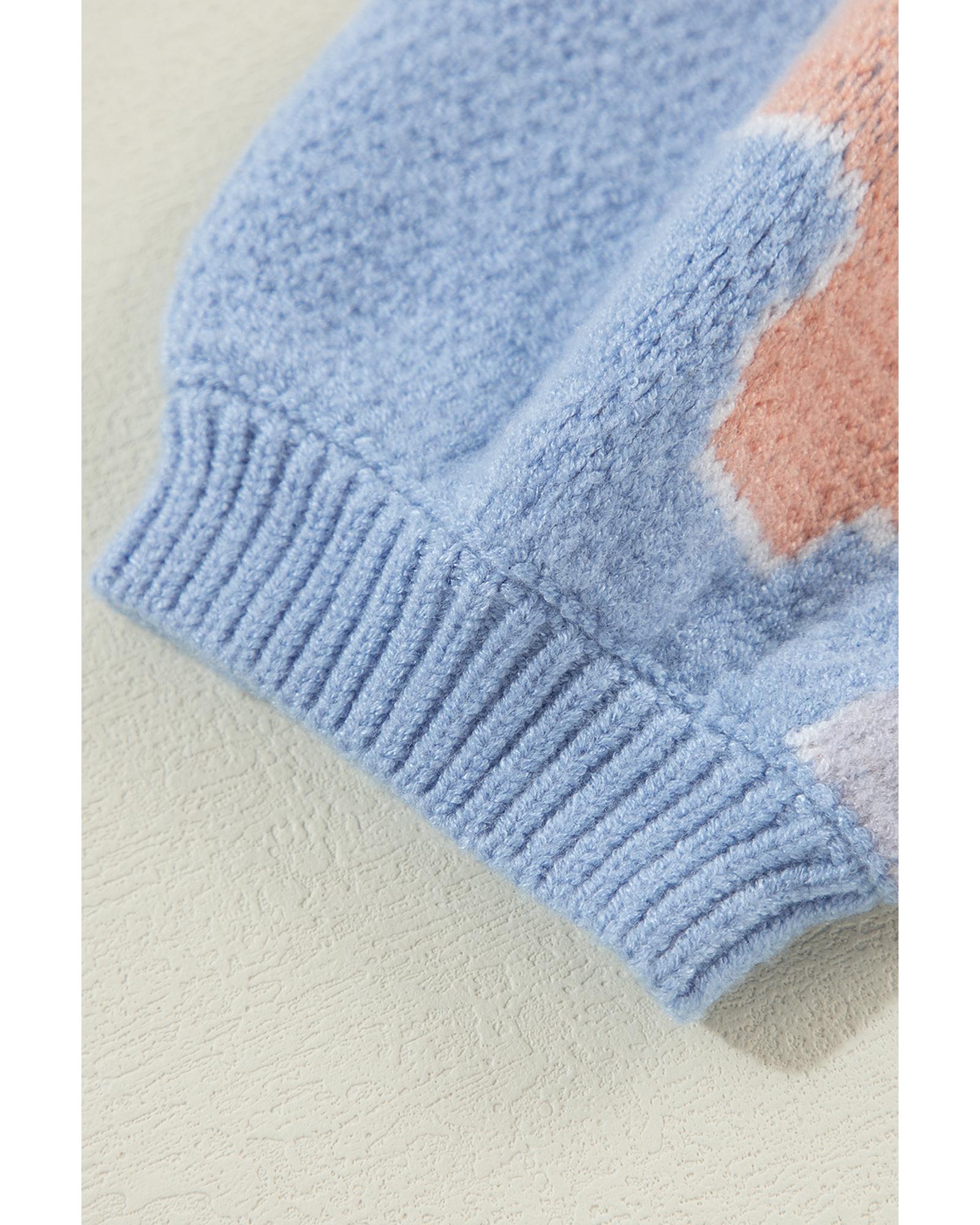 Beau Blue Floral O Neck Drop Shoulder Knitted Sweater - L
