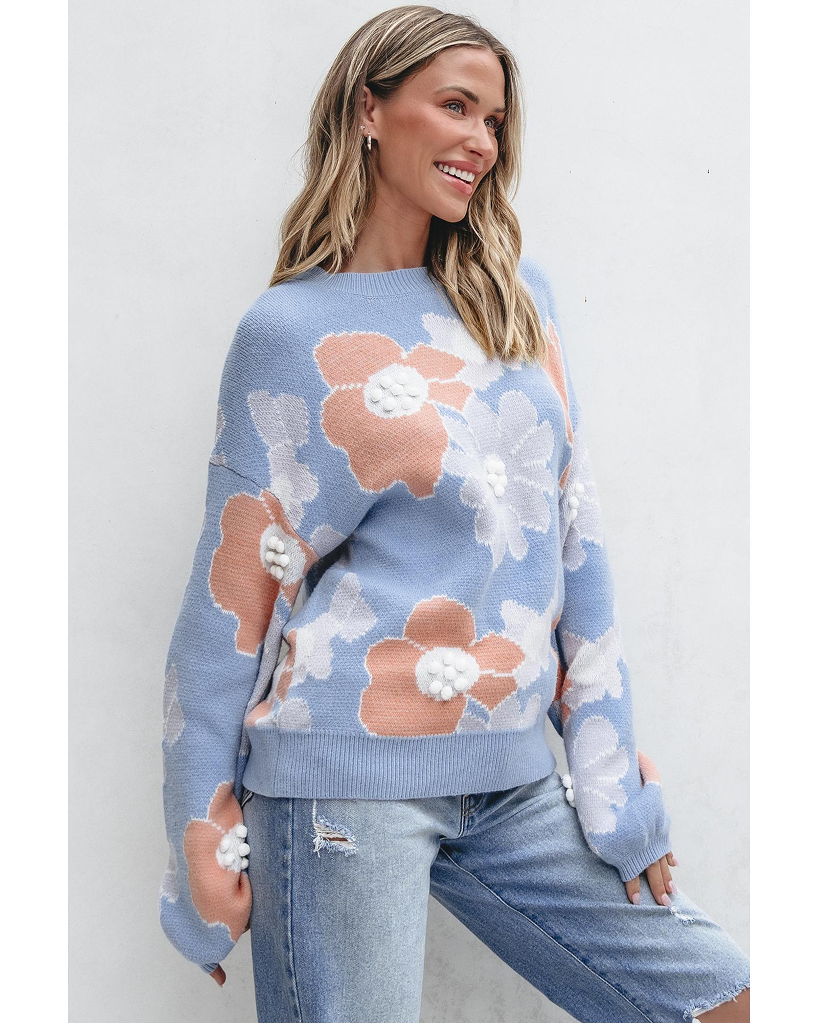 Beau Blue Floral O Neck Drop Shoulder Knitted Sweater - L