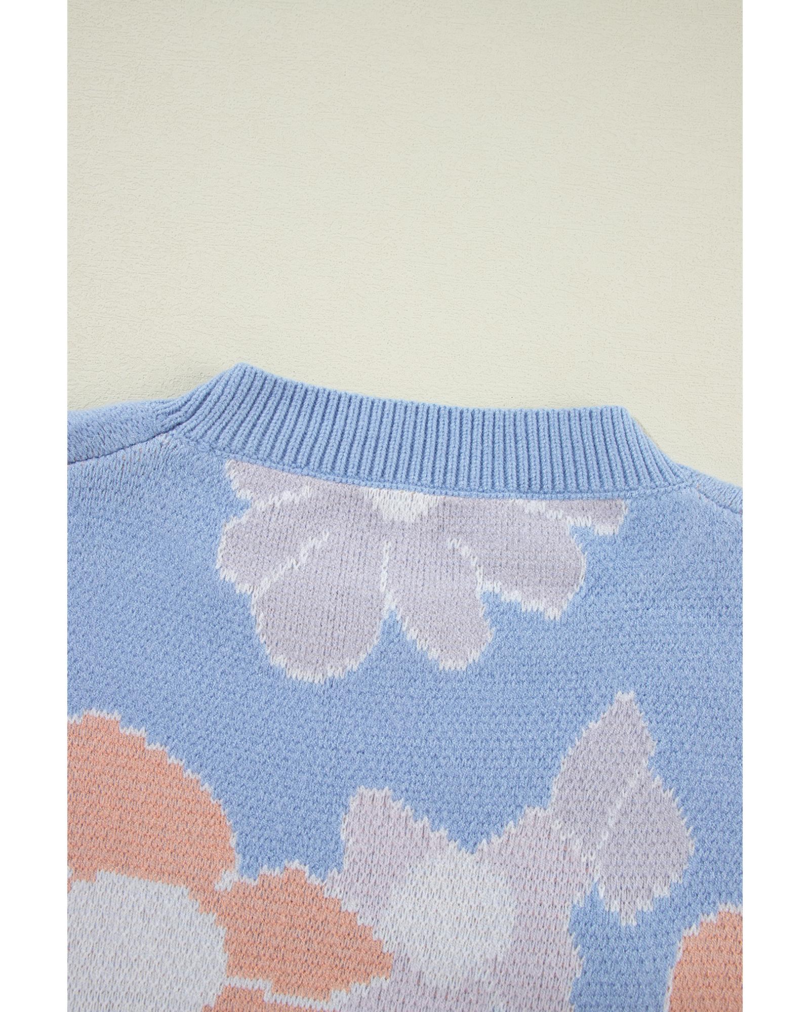 Beau Blue Floral O Neck Drop Shoulder Knitted Sweater - L