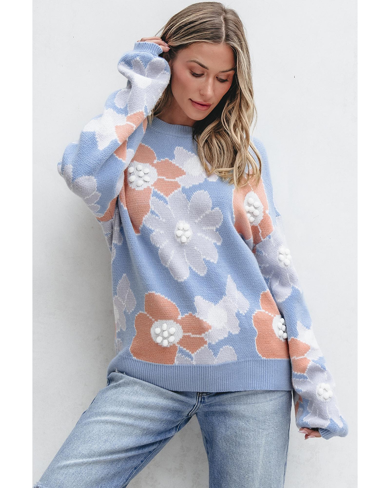 Beau Blue Floral O Neck Drop Shoulder Knitted Sweater - XL