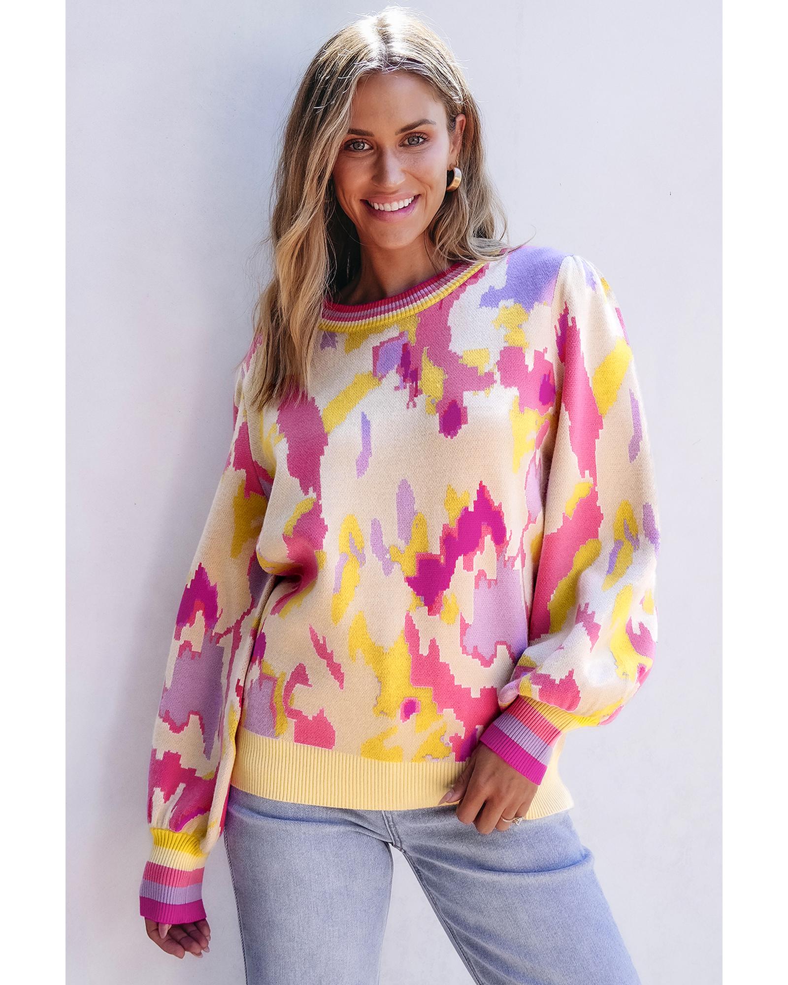Khaki Abstract Print Colorblock Balloon Sleeve Sweater - L