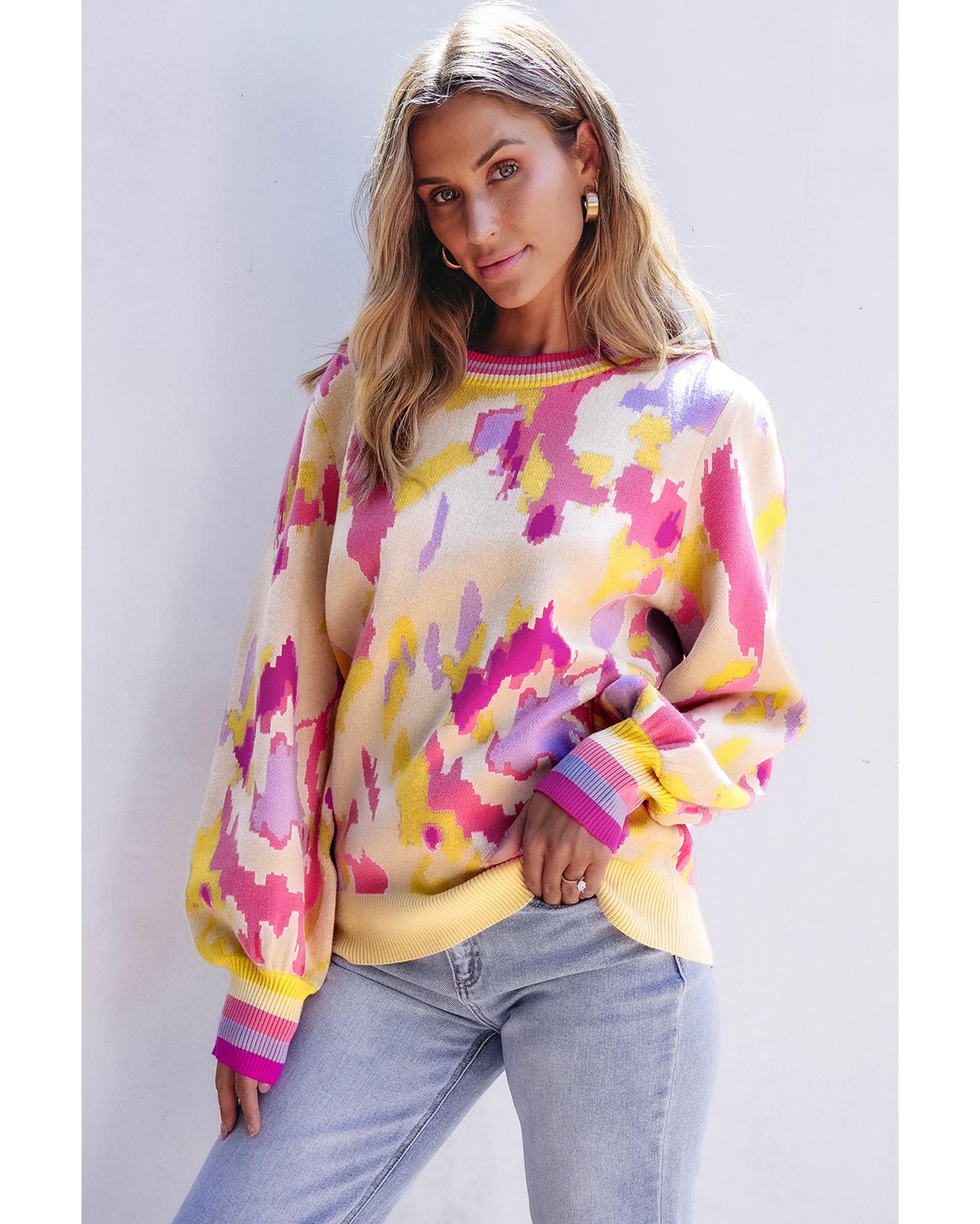 Khaki Abstract Print Colorblock Balloon Sleeve Sweater - L
