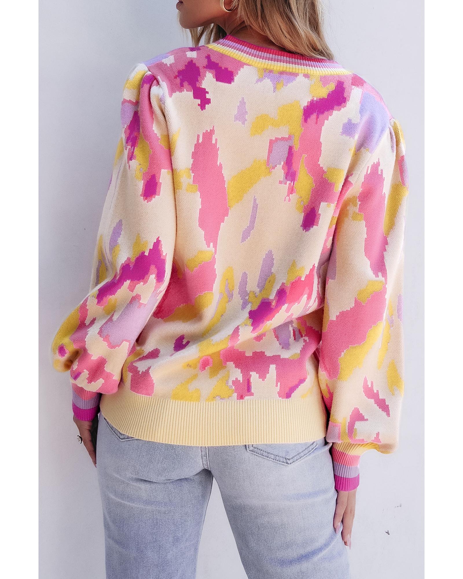 Khaki Abstract Print Colorblock Balloon Sleeve Sweater - M
