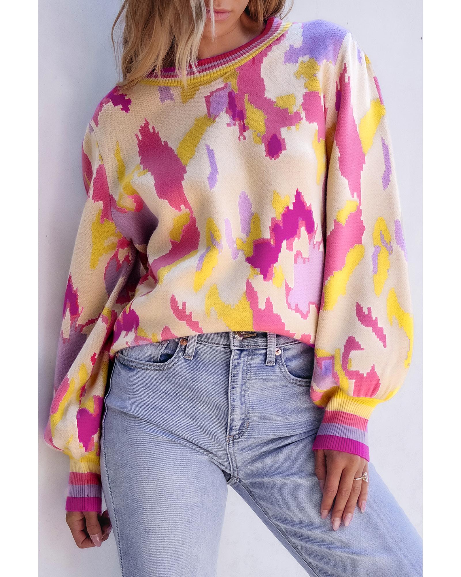Khaki Abstract Print Colorblock Balloon Sleeve Sweater - M