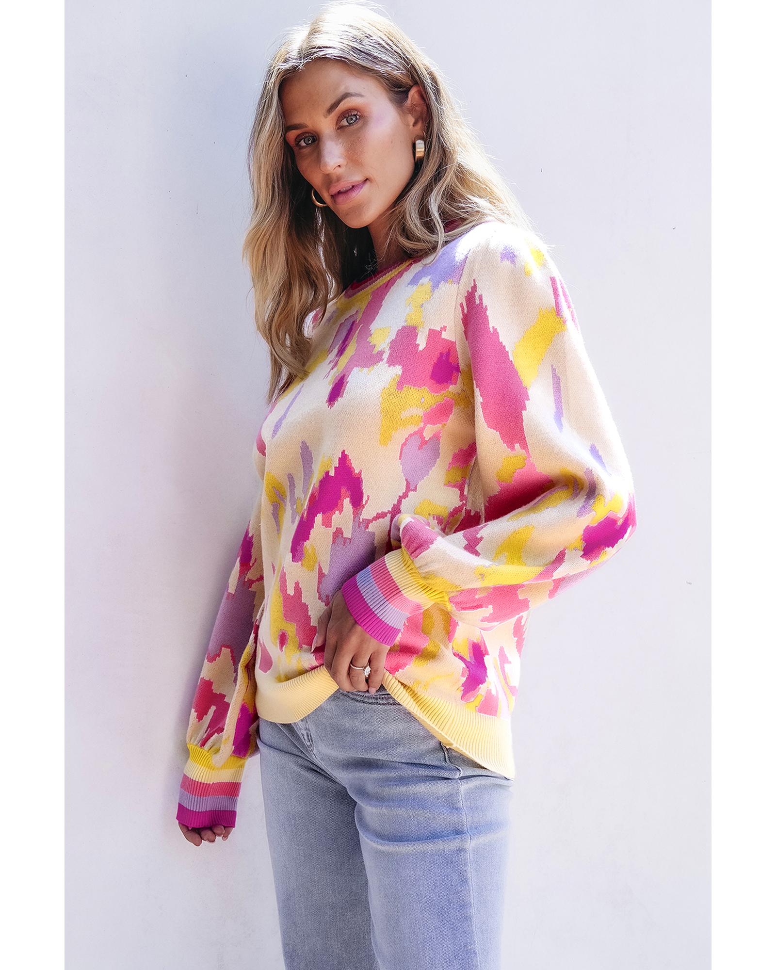 Khaki Abstract Print Colorblock Balloon Sleeve Sweater - S