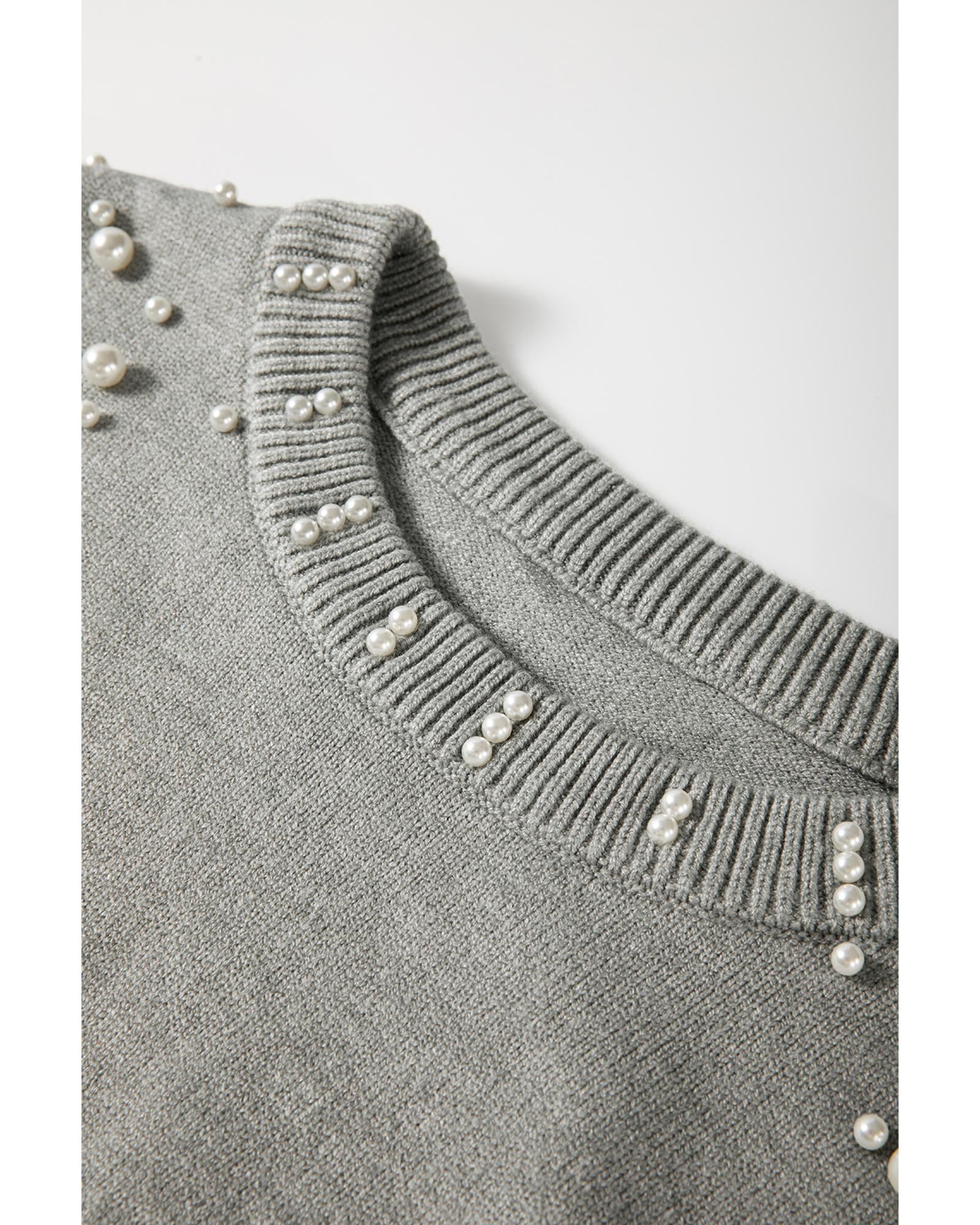 Light Grey Pearled Drop Shoulder Round Neck Sweater - L