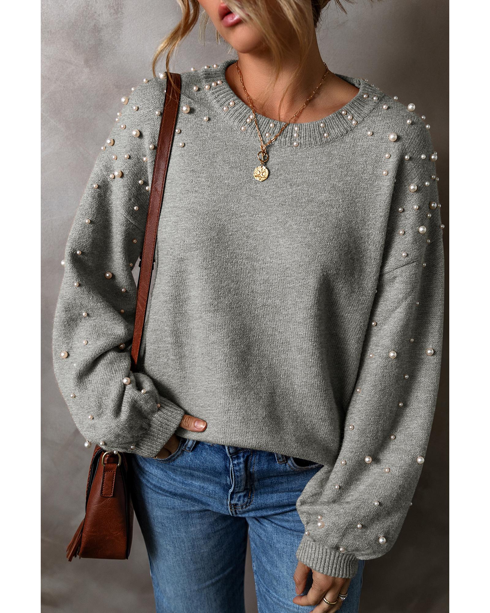 Light Grey Pearled Drop Shoulder Round Neck Sweater - L