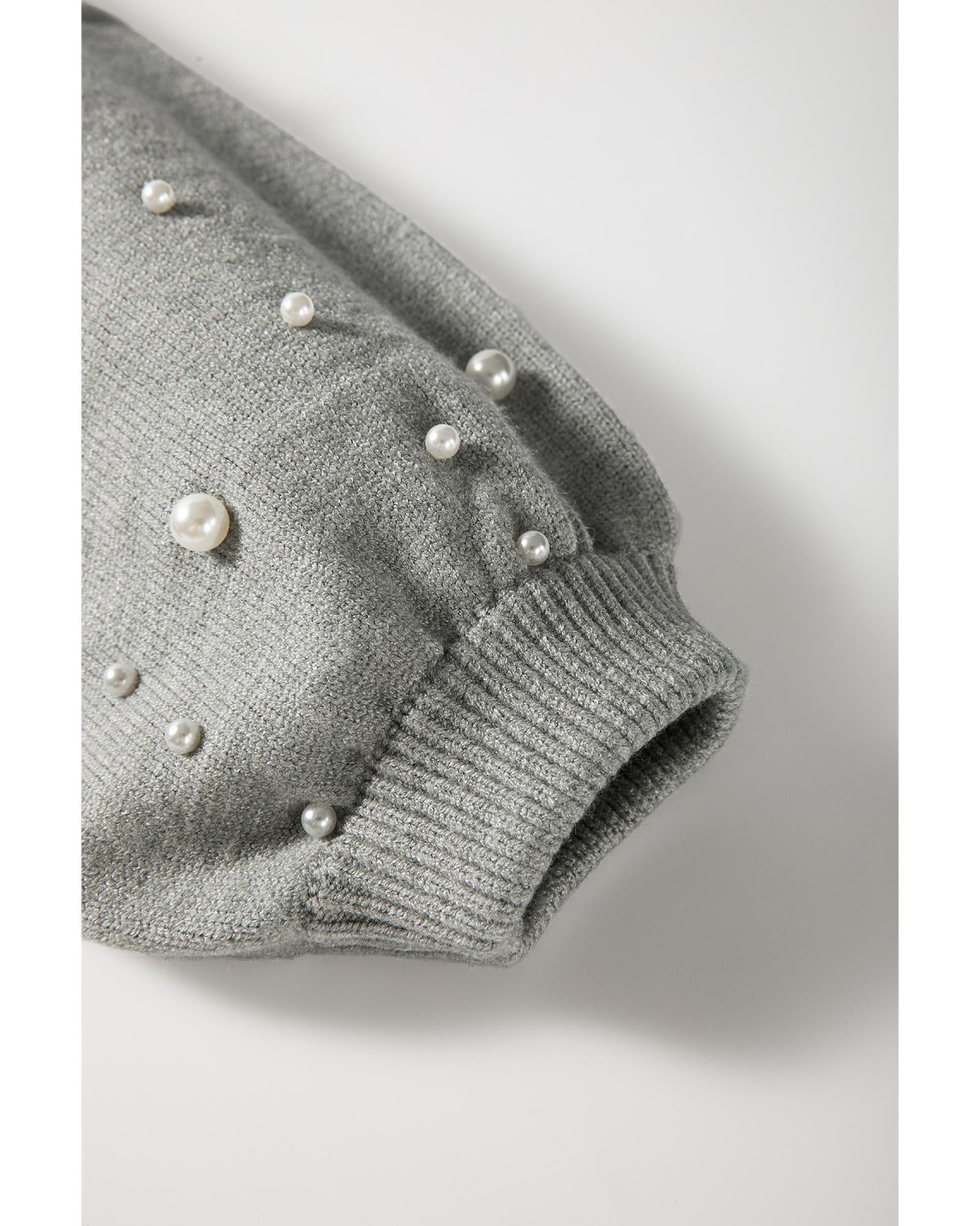 Light Grey Pearled Drop Shoulder Round Neck Sweater - L