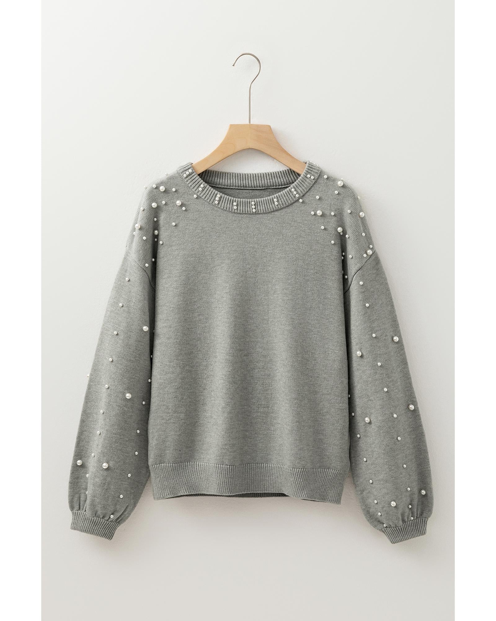 Light Grey Pearled Drop Shoulder Round Neck Sweater - L